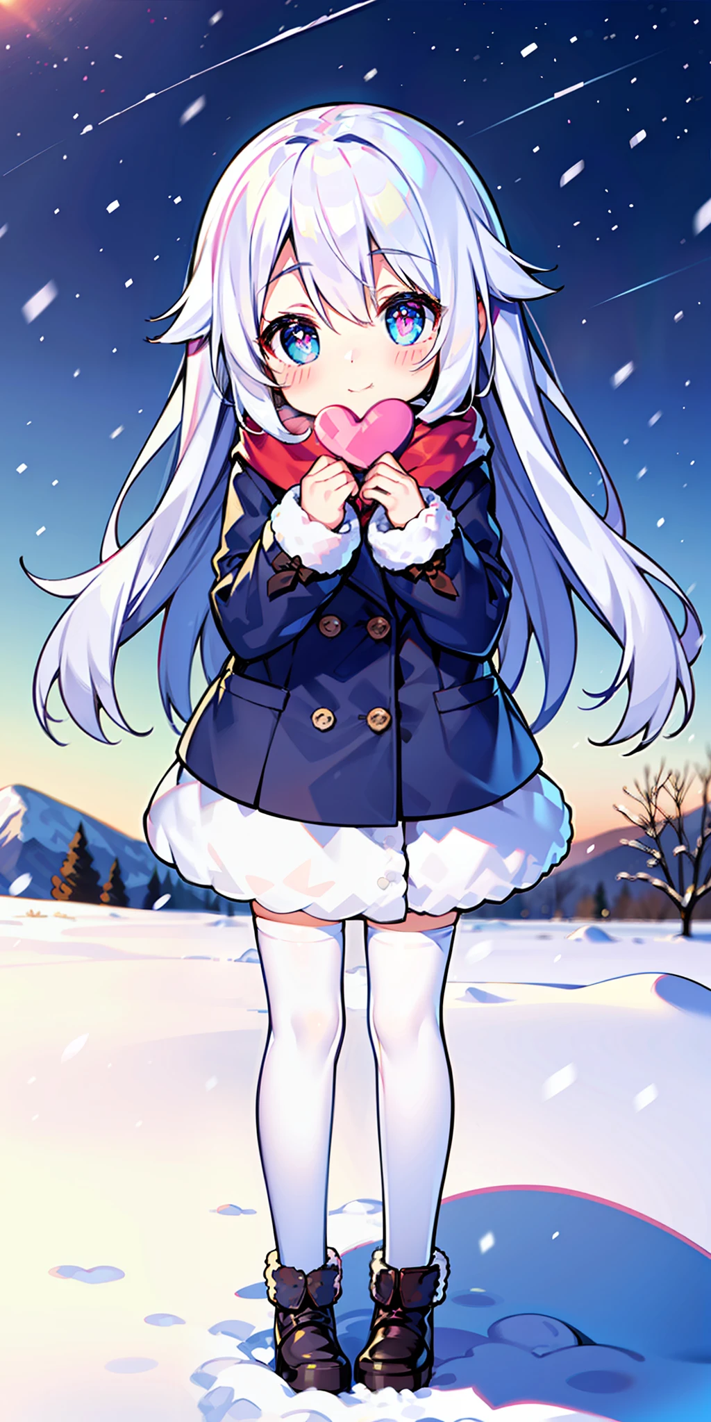 Loli, long hair, cute, heart-shaped pupils, solo, white hair, blush, winter, snow, outdoors, white stockings, standing