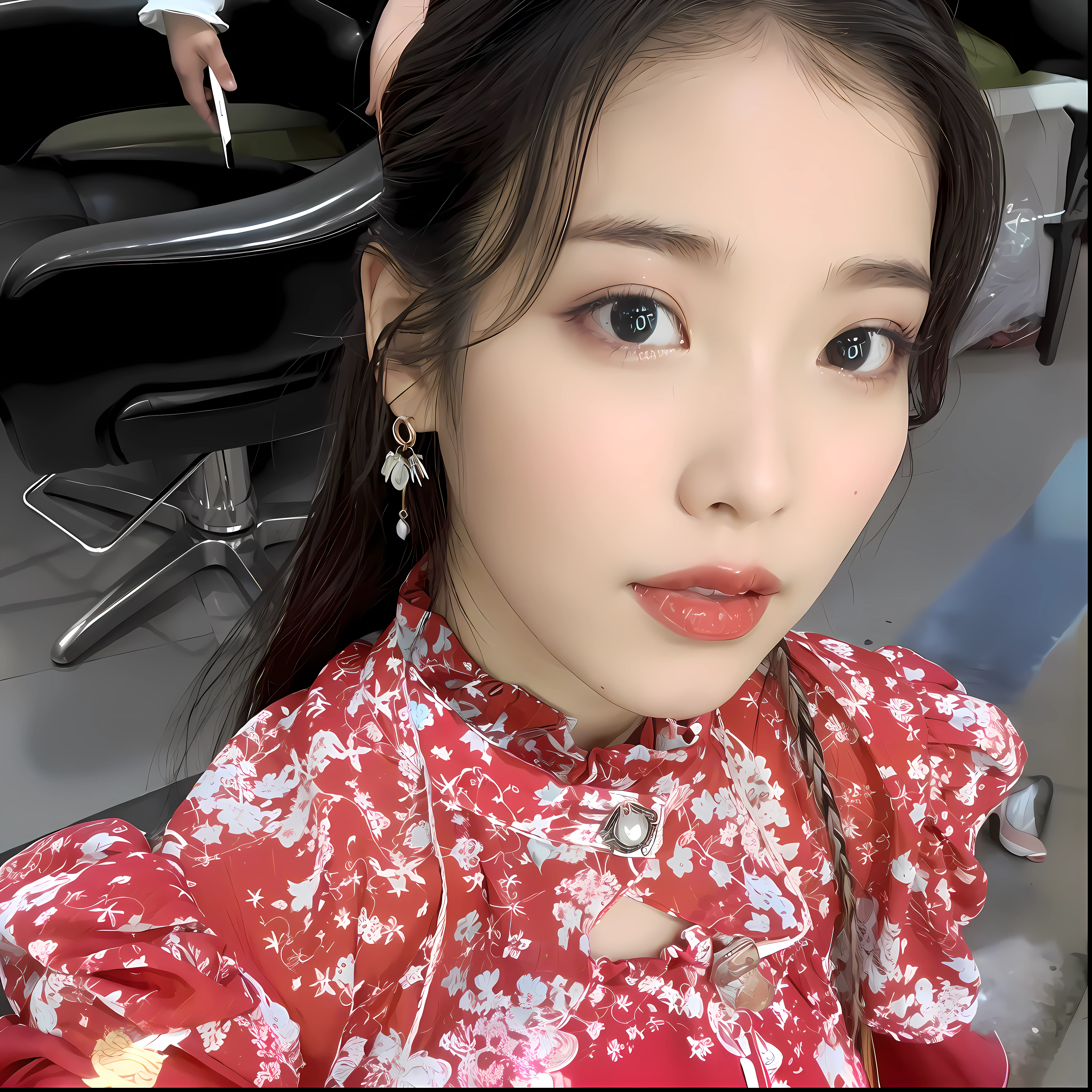 빨간 셔츠와 귀걸이를 한 여성의 클로즈업 - SeaArt AI, image size:4096x4096