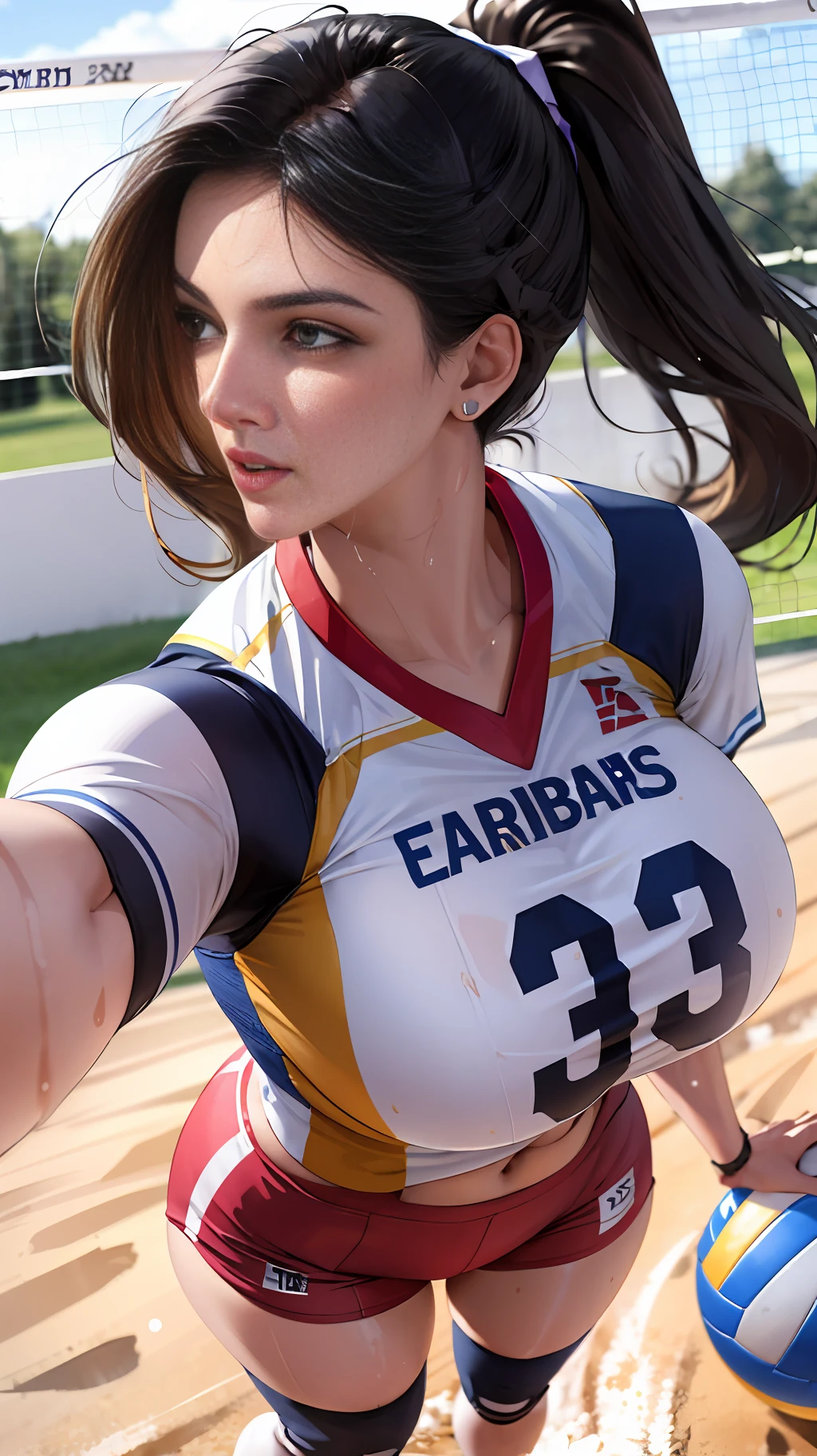 masterpiece:1.2, best quality), realistic, (real picture, intricate details, depth of field), (1girl, solo), make up, parted lips, highly-detailed, perfect face,
(huge breasts:1.2), (skindentation), thick thighs, wide hips, small waist, tall, glossy coral lips, full body,
Black hairs, blue eyes, ponytail,
(A girl playing volleyball, white volleyball uniform), (sweating:1.2), (wet), sexy, blushing, real face of a 22 year old pakistani girl Hina Rabbani Khar, highly detailed, hyper realistic, 8k