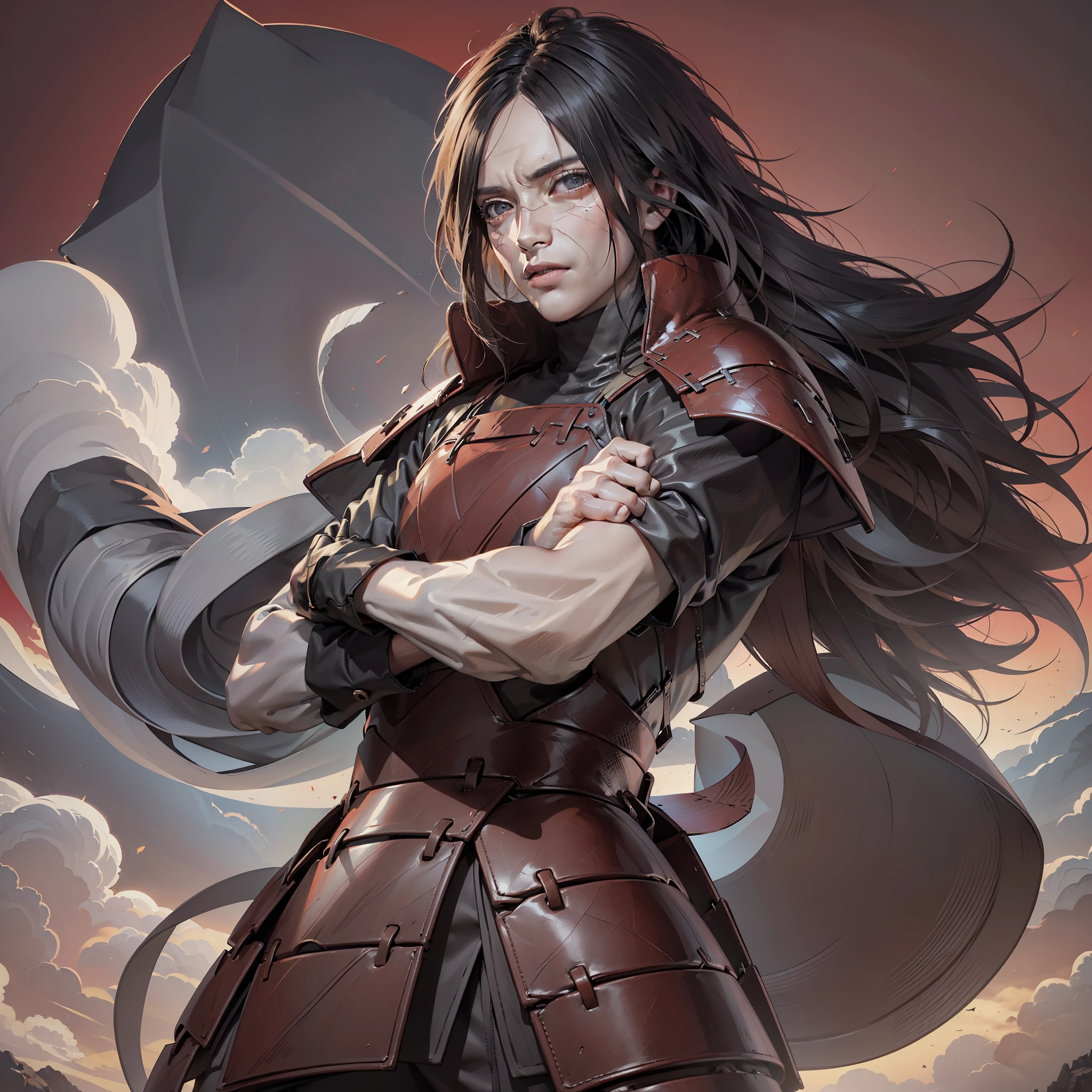 (Very detailed 8K wallpapers), medium shot, (Masterpiece, bestquality:1.2), red background, Cowboy shot, solo, male focus, 1boy, studied madara, expressionless, looking at viewer, Arms crossed, Long Hair, hair over one eye, Japanese armor, black gloves,intricated, high detalisation, Dramatic