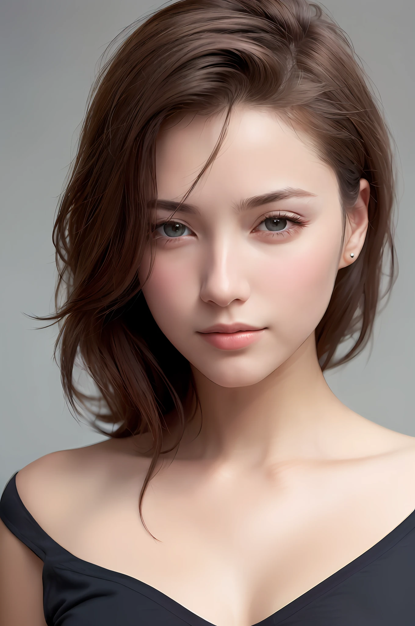 Dressed, (Photoreal: 1.4), (Hyperrealistic: 1.4), (Realistic: 1.3), (Smooth Lighting: 1.05), 32K, 1 girl, 20 year old girl, (Quality improvement: 1.4), (Quality improvement: 1.4), (Realistic texture skin of the highest quality: 1.4), Fine detailed eyes, Detailed face, Fine quality eyes, T-shirt, (enhance the atmosphere of body lines: 1.1), (Enhance the beauty of skin texture: 1.1)