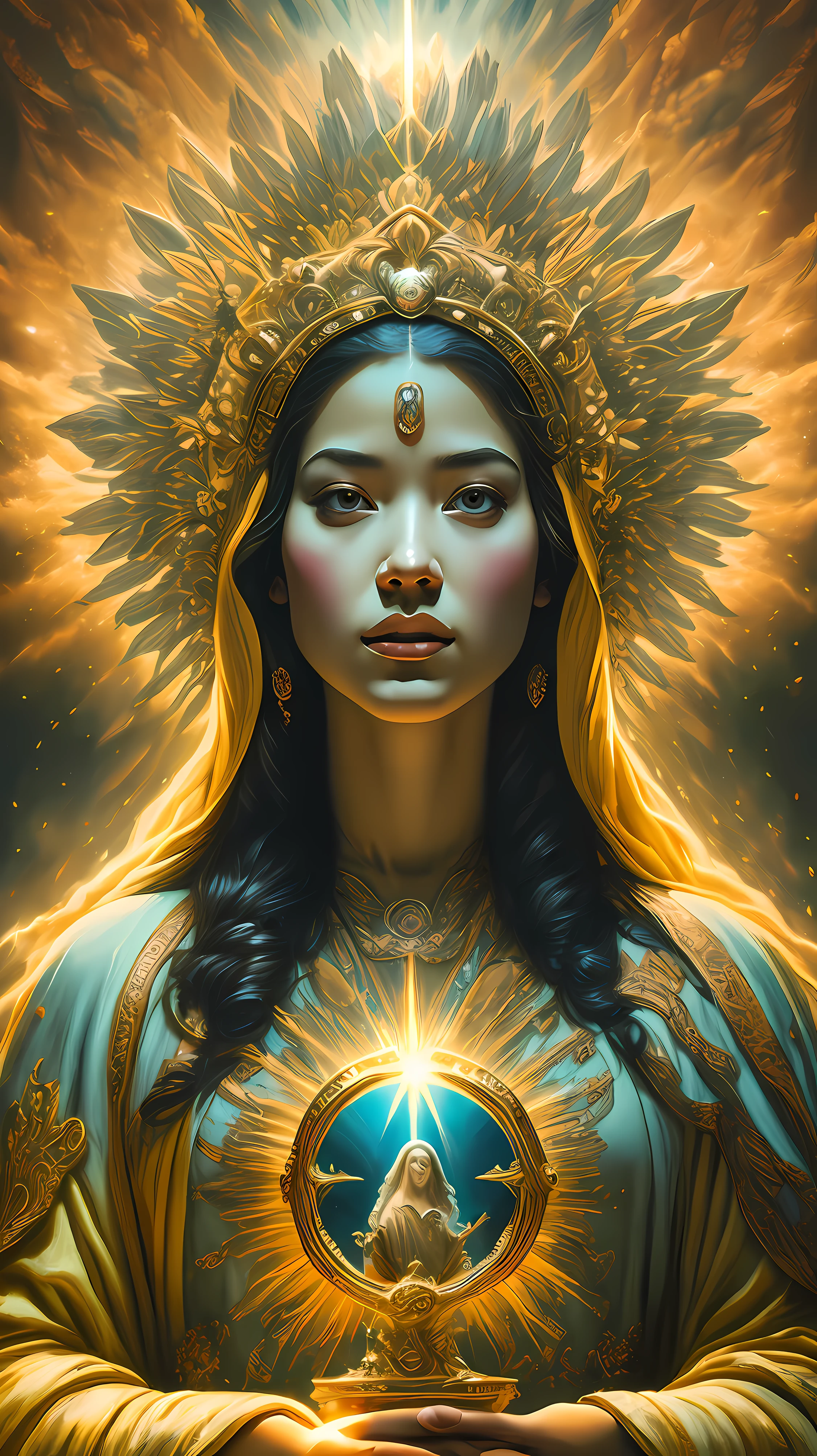 Retrato muy detallado de un halo de luz de Dios Sol de Jesucristo, tez morena, rostro limpio, oro en sus vestiduras, motor irreal, arte de Mark Ryden, Lostfish, Earl Norem, Global illumination, rayos de Dios, entorno detallado e intrincado, estilo Elden Ring