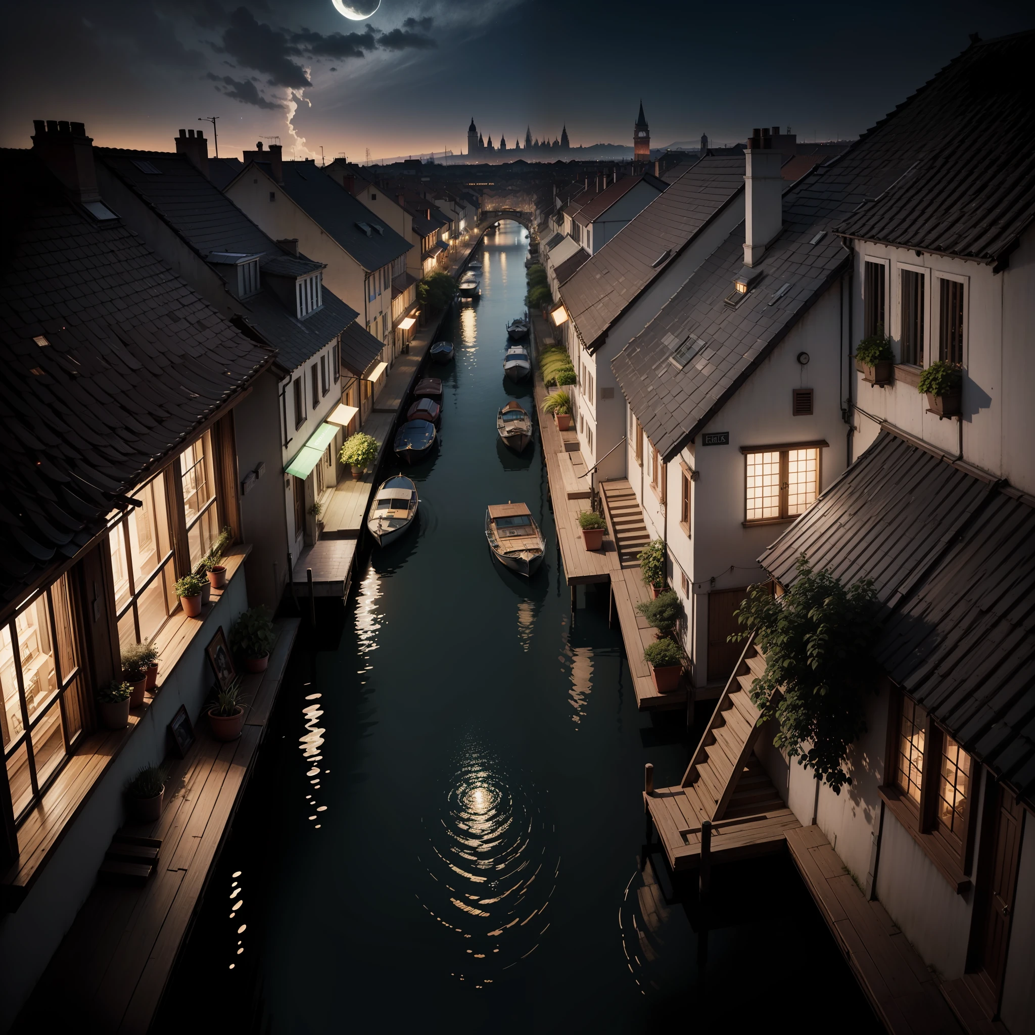 CG+Watercolor drawing, General view of the city, Port city, Panoramic view of the city, Street, Water channels, CG,Realistic Yenteschi, a complete copy of the city of Venice, Small streets, Breathtaking small streets, scene, Wooden houses, Fireflies dancing in the air, Their gentle glow illuminates the surroundings. Capture that enchanting moment in an intricate, high-quality illustration with attention to the smallest details and realistic shadows. Isometric 3D rendering using Octane Render and ray tracing will bring this magical port city to life, “Lit cityscapes," “Starry skies," “Moonlit landscapes," “Night time portraits," “Long exposures." --auto