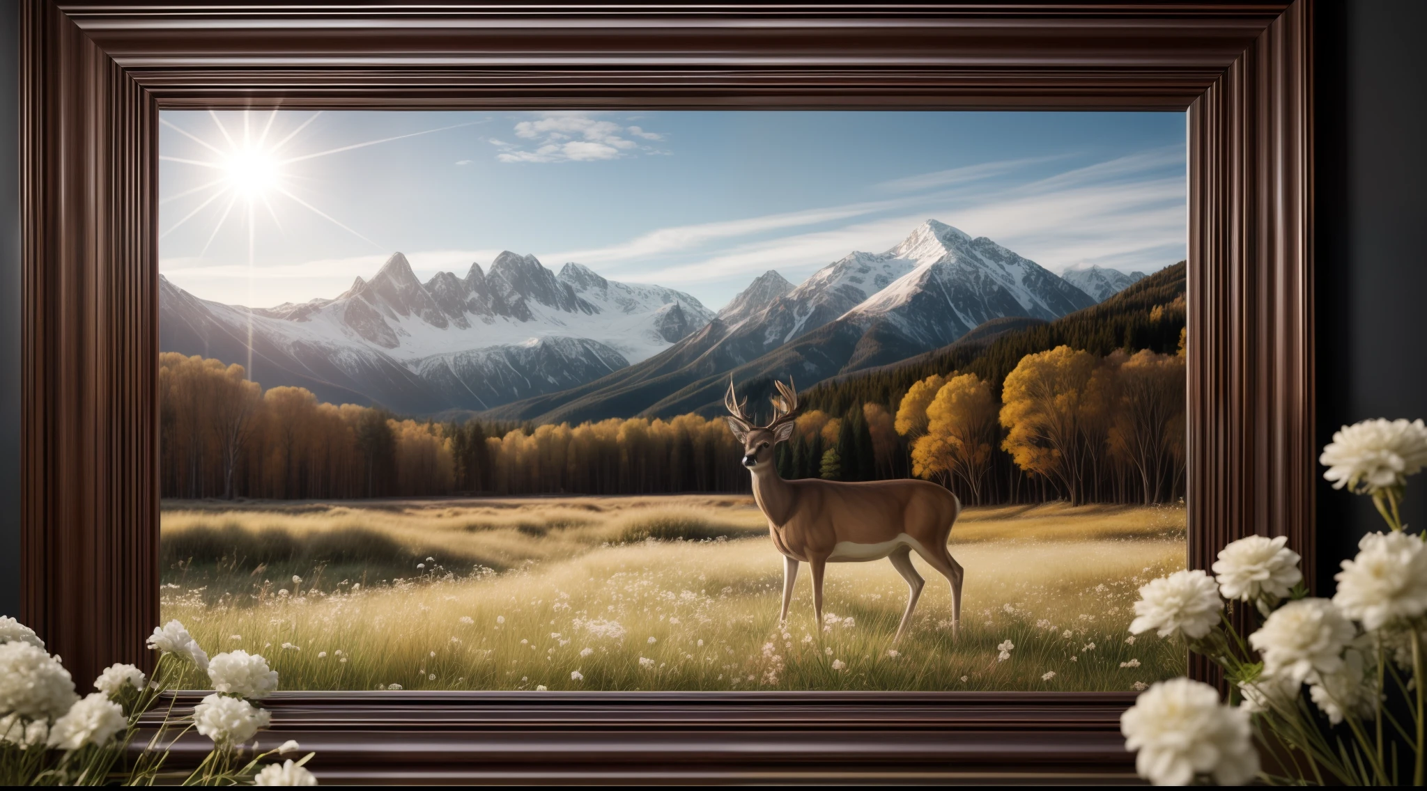 A beautiful landscape filled with grass, soft pink flowers, white flowers, some gentle brush, with giant snow filled mountains in the background, blurred out of focus flowers in the foreground, the subject is a giant beautiful tree of life in the center of the frame with a deer glowing from the sun shining through a small opening of some white clouds, cinematic, cinematic light, soft light, backlit, micro-details, photorealism, photorealistic, 85mm 1.4, shallow depth of field