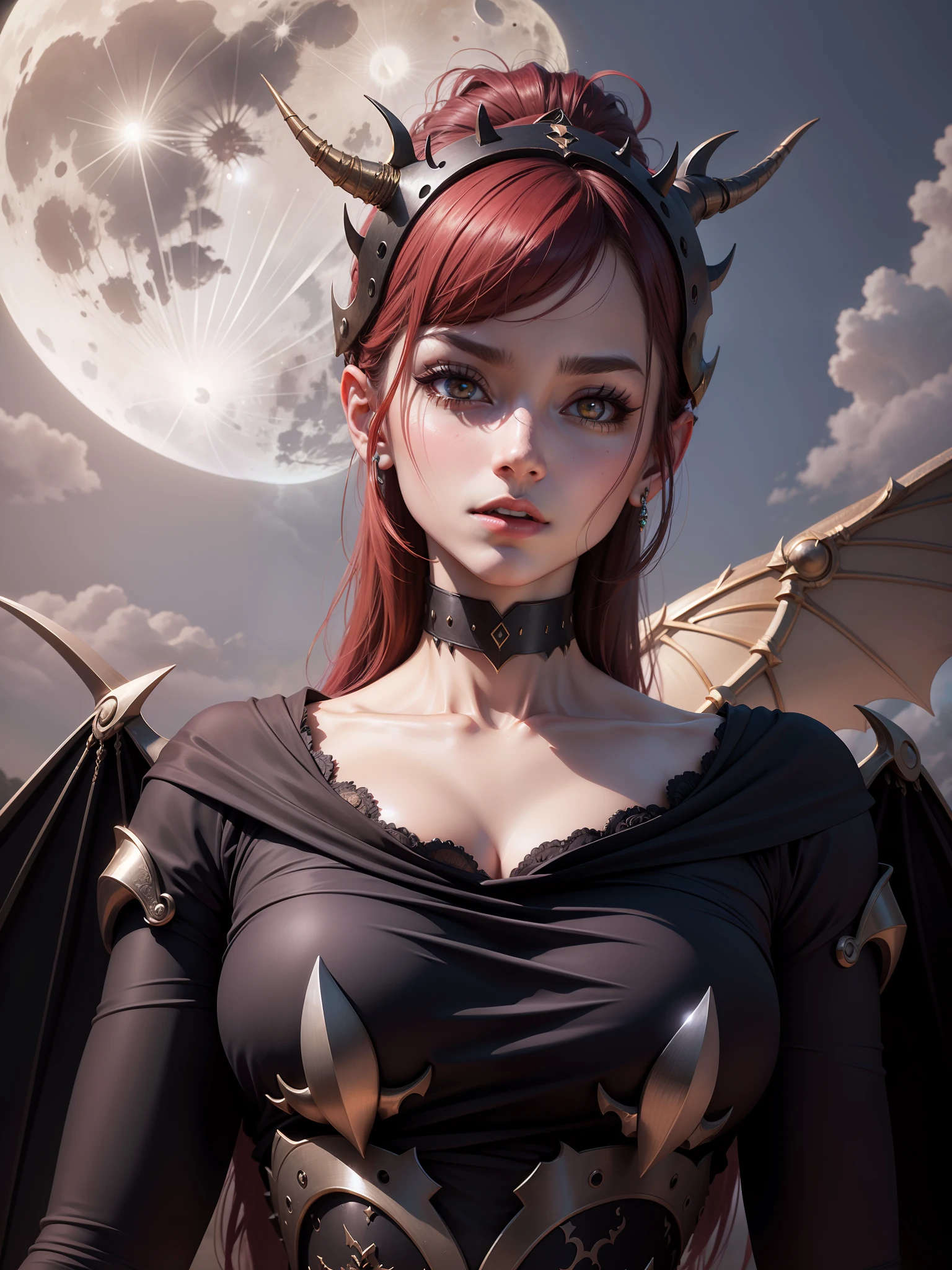 Demon queen with horns and cyborg wings, beautiful high-resolution dress, high-definition face, moon in the background