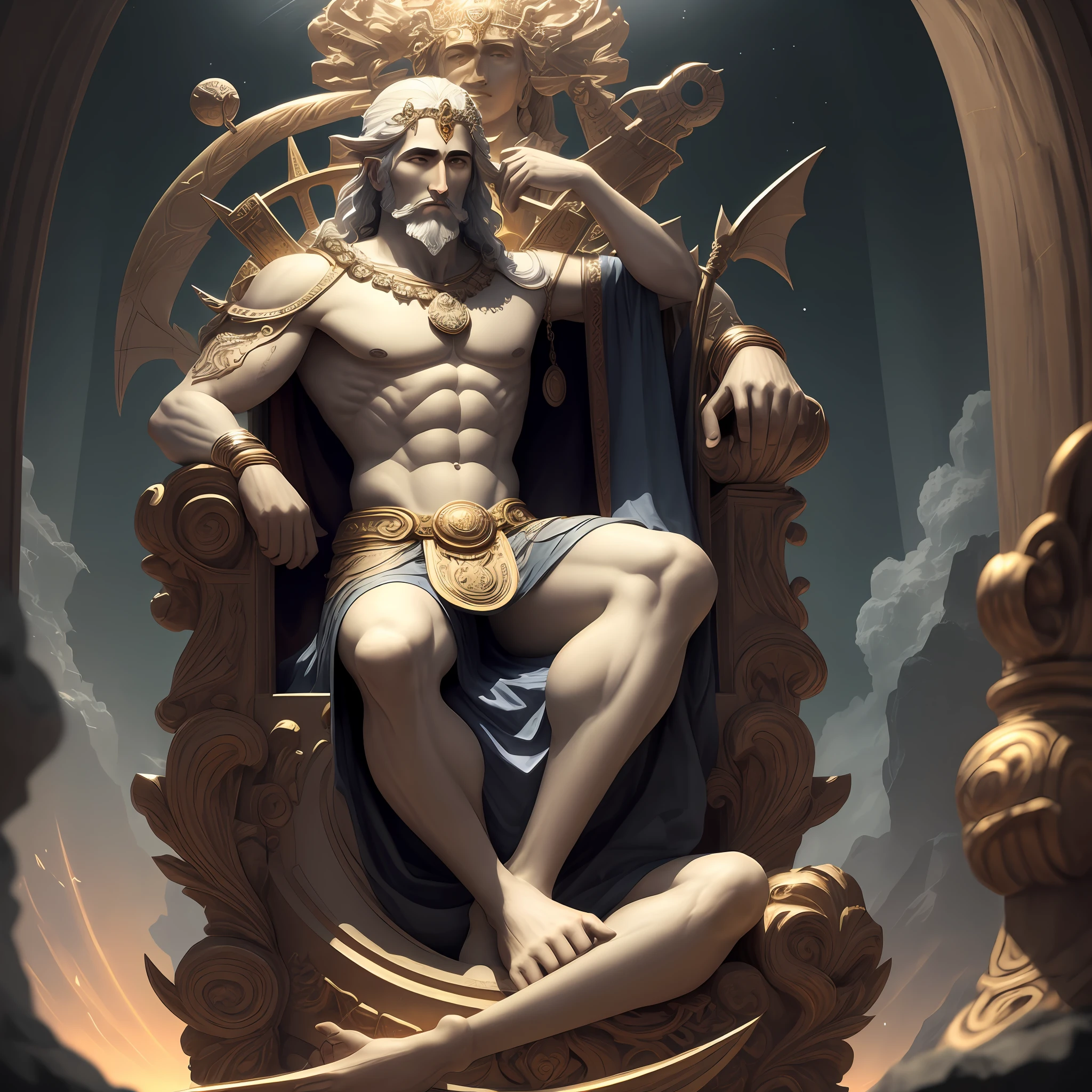 An inspiring depiction of pluto, the god of wealth, seated on his magnificent throne. He holds his iconic trident with a tight grip, enquanto sua longa barba e cabelo fluem na brisa. The scene is evocative, grandiosa e poderosa - adequada para um deus.