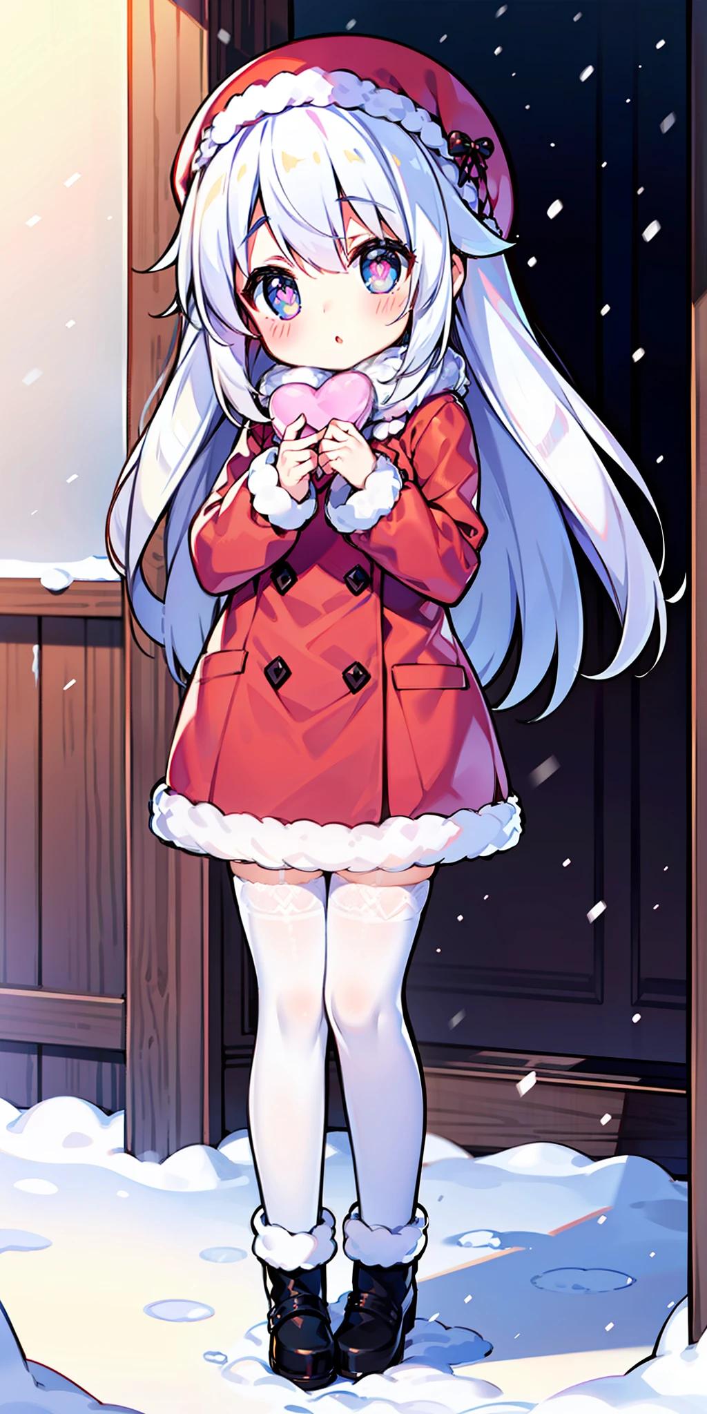 Loli, long hair, cute, heart-shaped pupils, solo, white hair, blush, winter, snow, outdoors, white stockings, standing