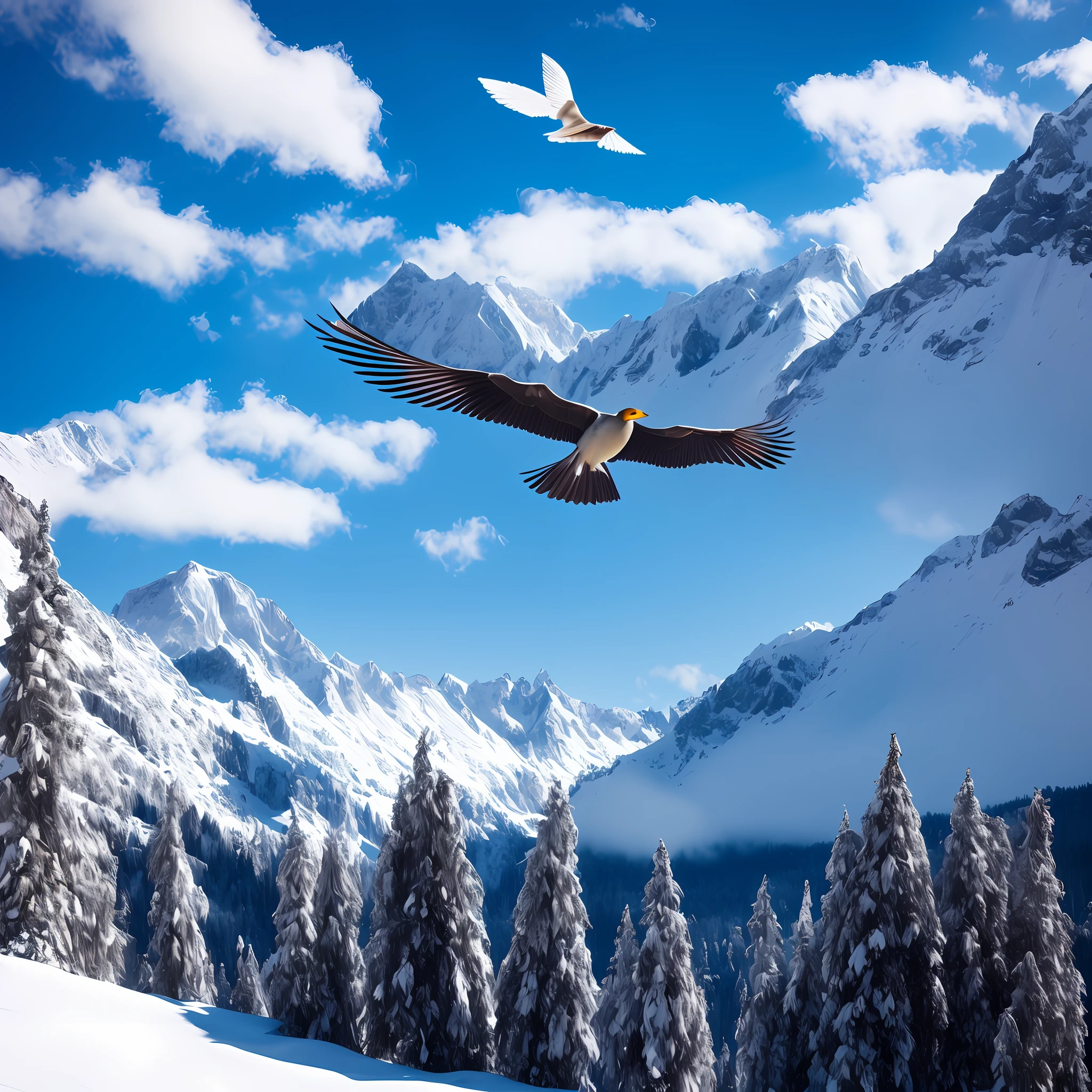 (8k,RAW photos,bestbestquality,A Masterpiece:1.2),(lifelike,photo realistic:1.37),1 Peng Bird,Pro lighting,Photonic mapping,radiosity,Dapeng spreads its wings,Colorful feathers,White clouds and blue sky,The plump feathers,On snowy mountains, --auto