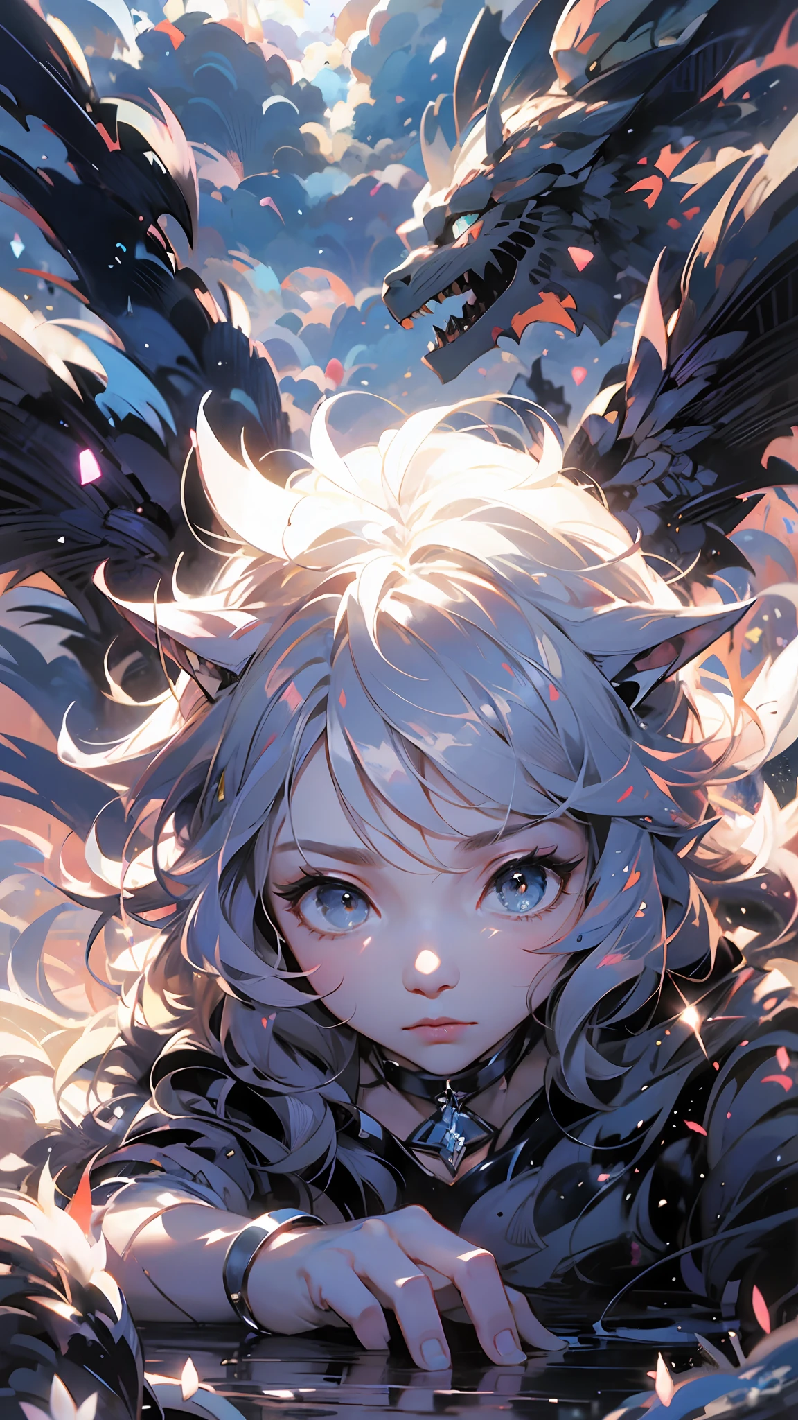 Classic negative portrait photo,Fantasy video game character concept art,A cute gray fluffy English shorthair,Lie on the ground and ambush your prey,dungeon and dragon,fantasy,rivers,haze,Halo,blooming,Dramatic atmosphere,Dark fantasy films of the 1970s,Center,rule of thirds