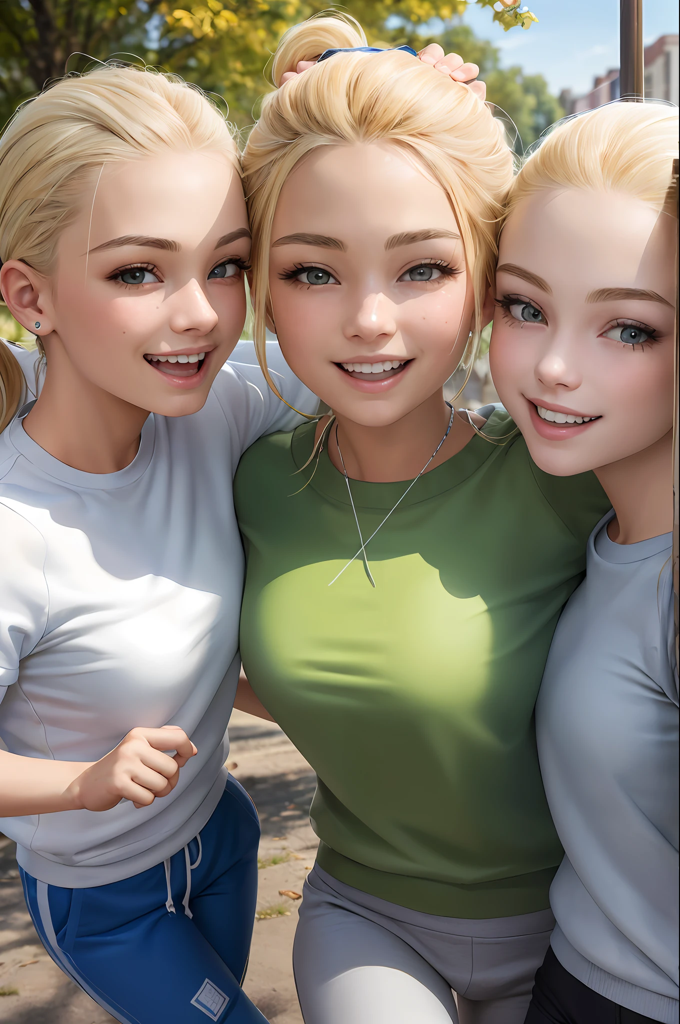(ultra realistic, highly detailed:1.4), best quality, masterpiece
3 girls, blonde, smiling, running, sweatshirt, sweatpants, outdoors
((three heads, 3head):1.5)