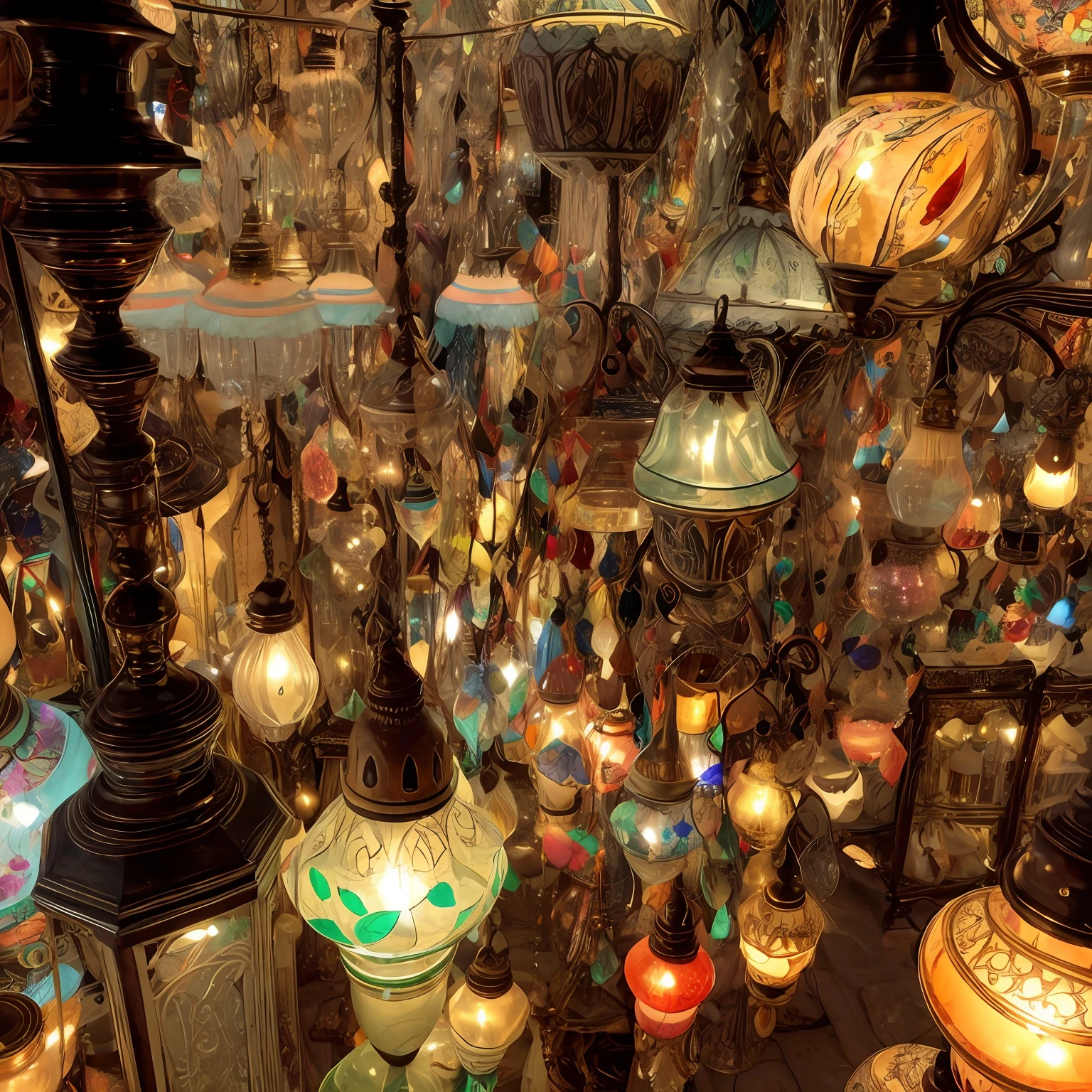 a close up of a large room filled with lots of lamps, beautiful lit lamps, glowing lamps, lamps, breathtaking lights, extremely beautiful lighting, shining lamps, enchanting lighting, many glowing lights, inside an old magical shop, inside an arabian market bazaar, enchanting and otherworldly, lots of lights, wonderful lighting, breathtaking lights shining, beautiful lights, mesmerizing