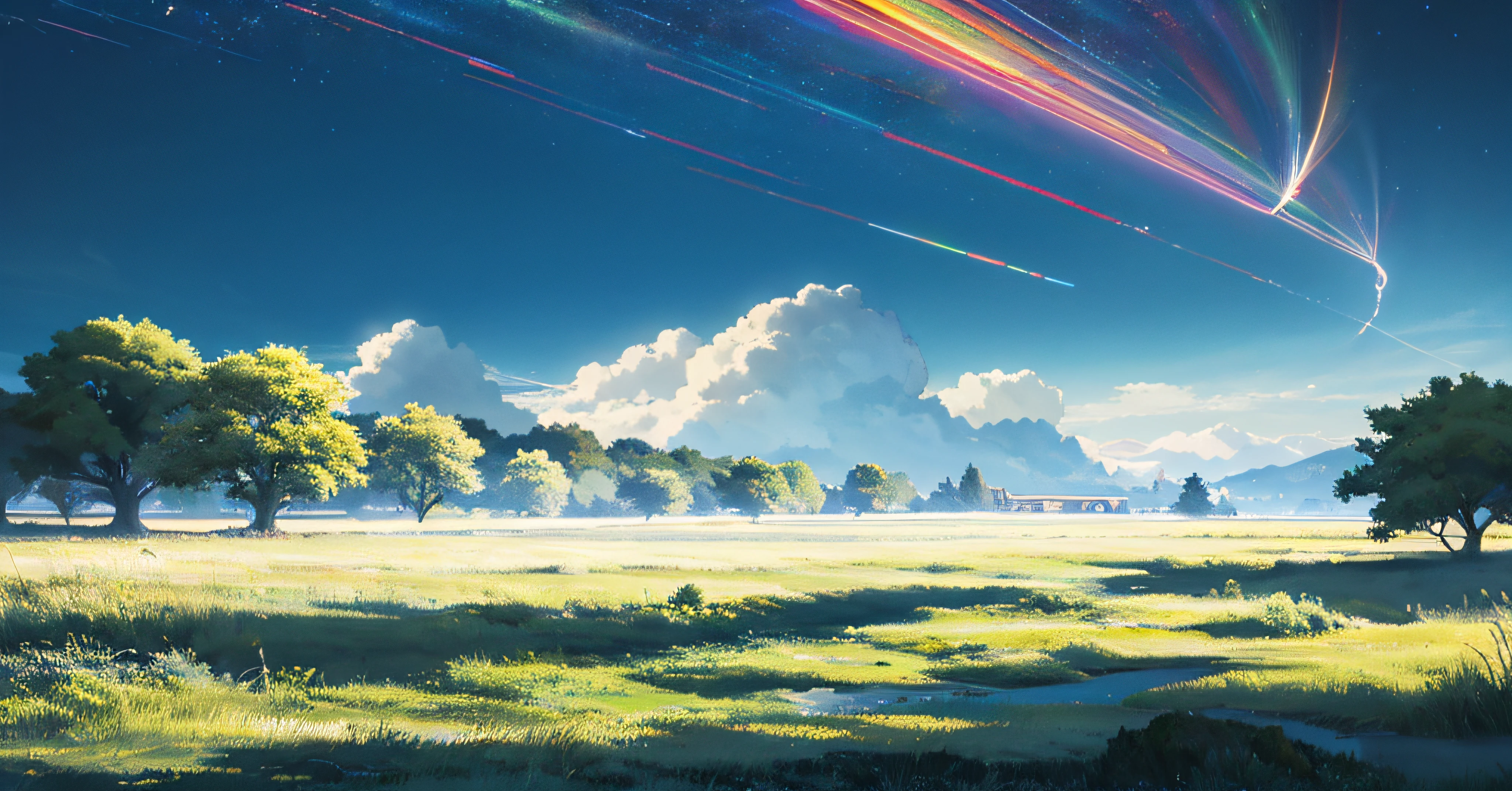 Vast sky, beautiful skyline, large grassland, moving visual effects, hanging north star, colorful natural light.