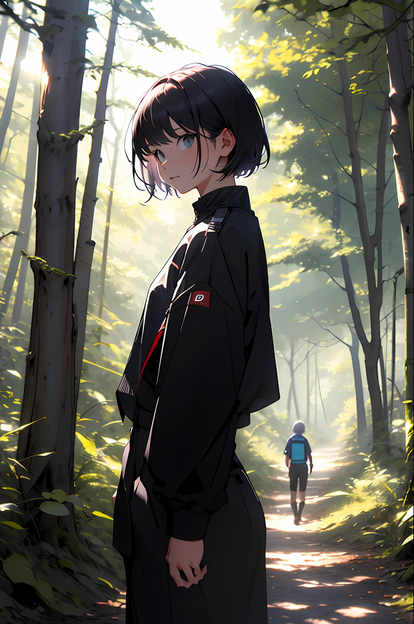 Girl in the forest and sunshine, short hair, Nice hairstyle, Nice clothes