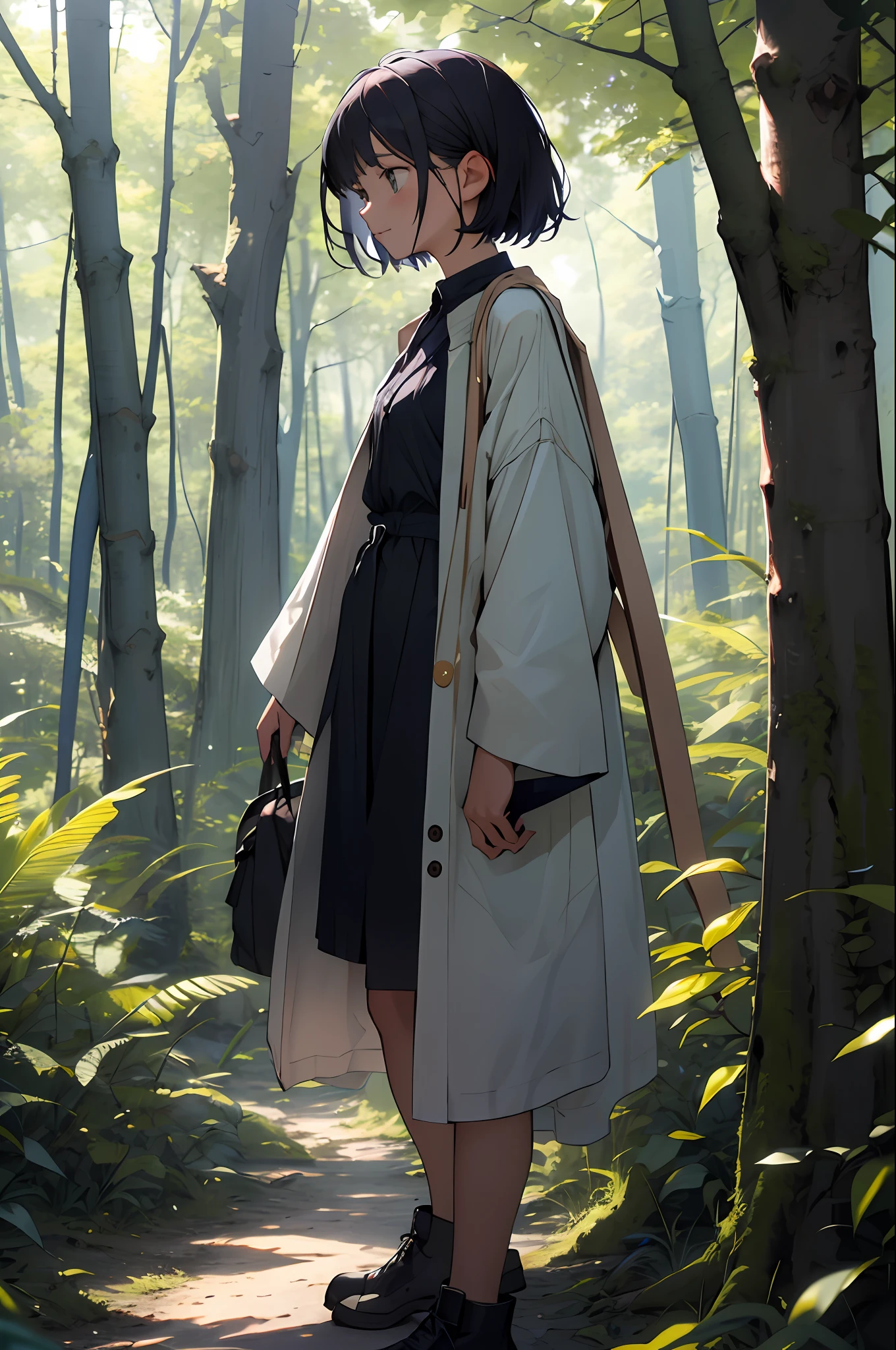 Girl in the forest and sunshine, short hair, Nice hairstyle, Nice clothes