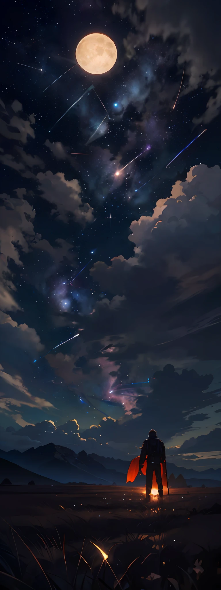 Expansive landscape photograph, (view from below with a view of the sky and wilderness below), a guy standing in a grass field looking up, 25 year old guy, short hair, black hair, glasses, ragged attire, (full moon: 1.2), (shooting star: 0.9), (nebula: 1.3), distant mountain, tree break production art, (warm light source: 1.2), (firefly: 1.2), lamp, purple and orange, intricate detail, volume lighting, realism break (masterpiece: 1.2) (Best Quality), 4K, Ultra-Detailed, (Dynamic Configuration: 1.4), Highly Detailed and Colorful Details, (Iridescent Colors: 1.2), (Glowing Lighting, Atmospheric Lighting), Dreamy, Magical, (Solo: 1.2)