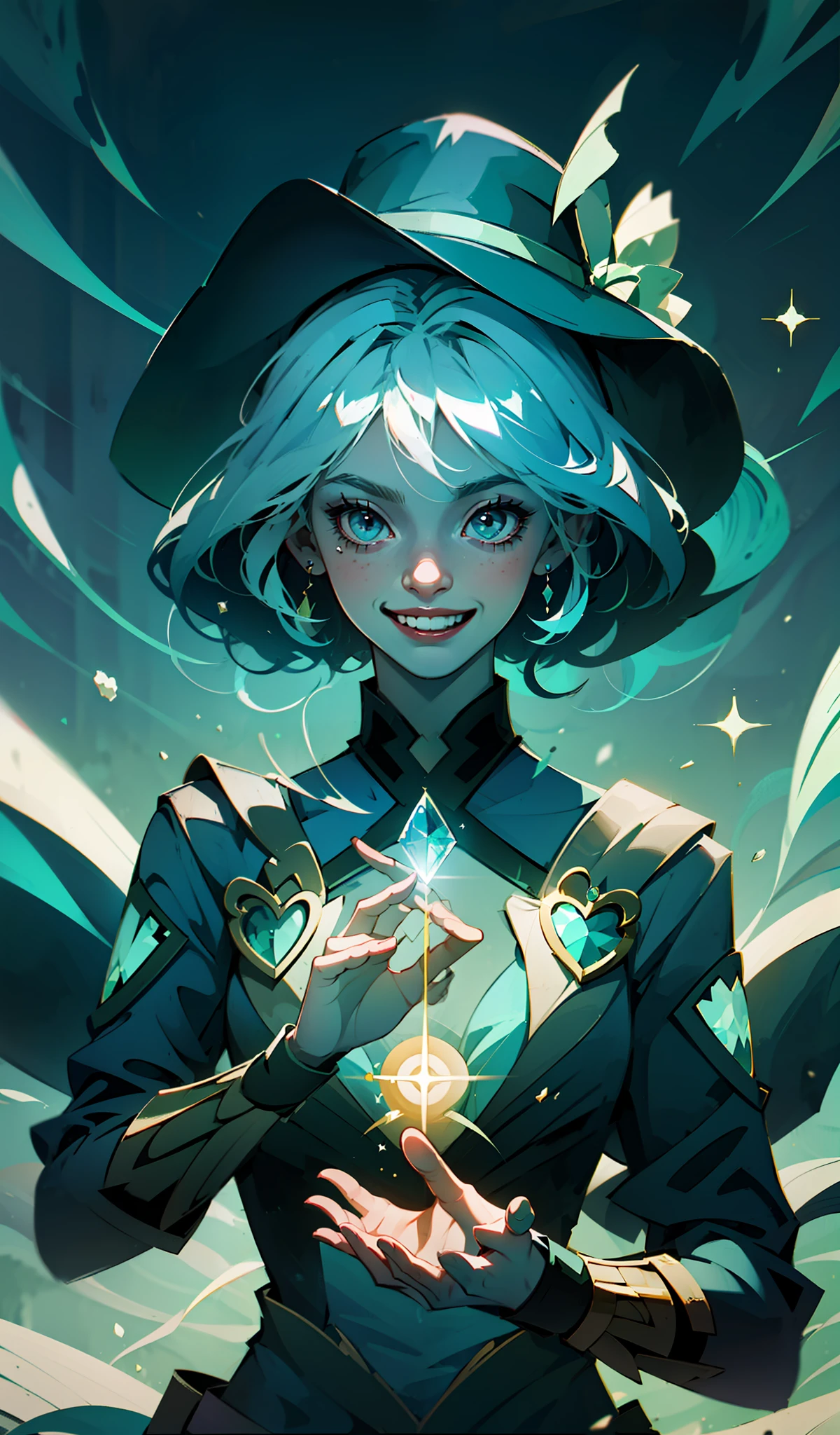 Magical girl, green color palette, cute, chibi, black hat, diamonds in the sky, crystals floating, happy, grin, magic powers, magical particles