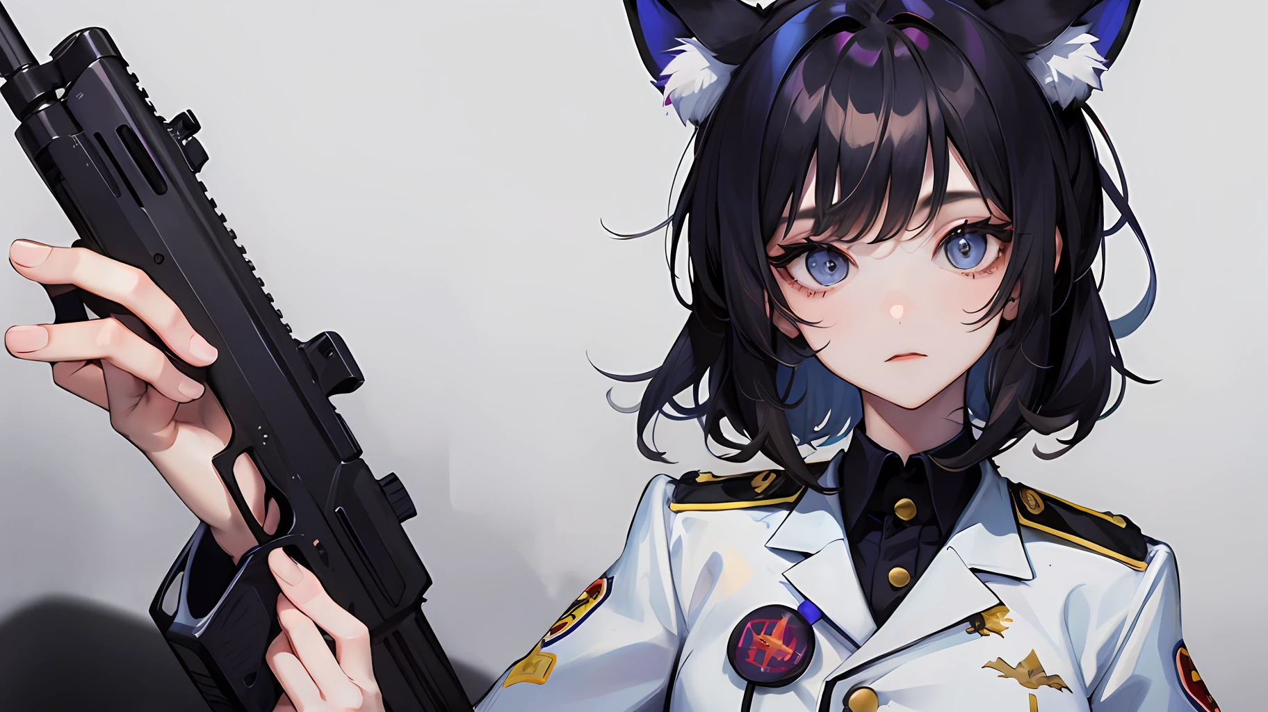 2girl simple background、And {{Master peace}}, short wavy hair, navy hair, black cat ear, Blue eyes,uniform、With a gun、discord、And {{Master peace}}, {{{maximum quality}}}, {{ultra- detailed}}, {{illustration}}, {{{a 1girl}}}, short hair,Purple eyes,Black hair,uniform、With a gun、discord、