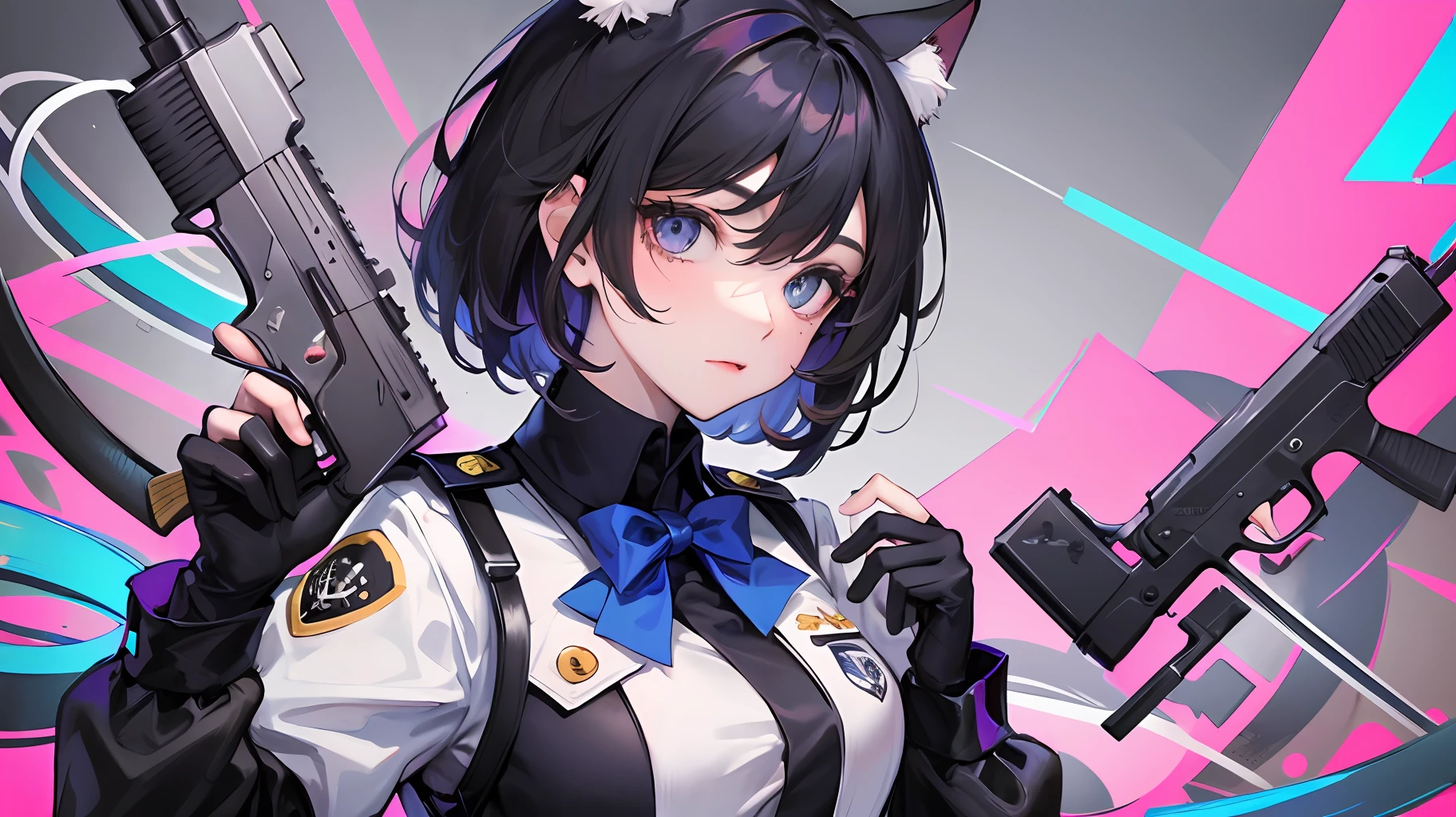 2girl simple background、And {{Master peace}}, short wavy hair, navy hair, black cat ear, Blue eyes,uniform、With a gun、discord、And {{Master peace}}, {{{maximum quality}}}, {{ultra- detailed}}, {{illustration}}, {{{a 1girl}}}, short hair,Purple eyes,Black hair,uniform、With a gun、discord、
