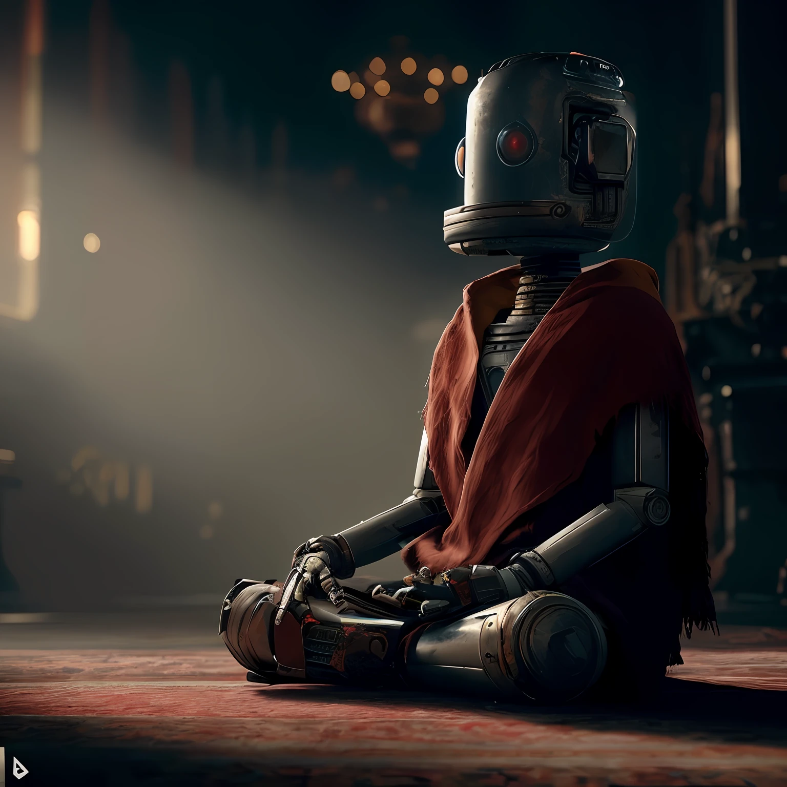 there is a robot sitting on the floor with a blanket, um ciborgue meditando, Personagem pequeno. Motor Unreal 5, very cute robot zen, close-up of a robot sitting down, Zen Cyberpunk Meditation, ps5 cinematic screen capture, cinematic unreal engine 5, 8k rendering", Unreal Engine 5 altamente renderizado, Solo Performance Unreal Engine