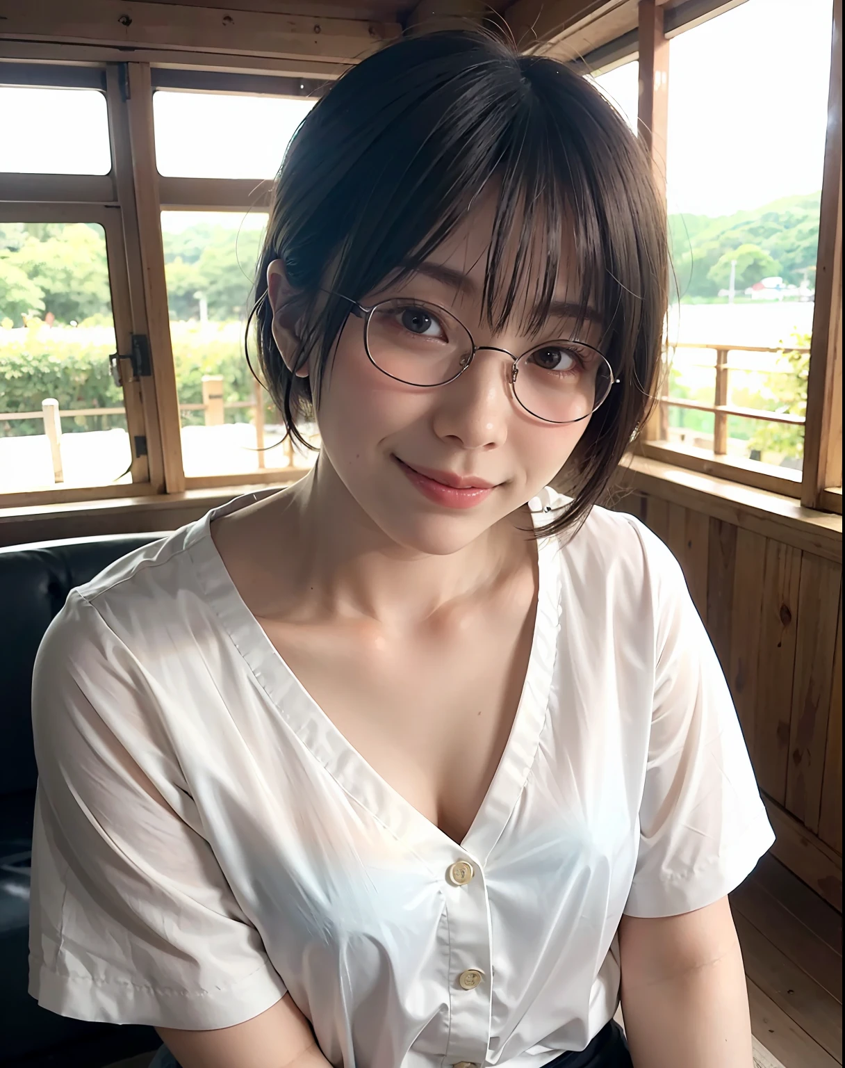 25 year old Japan woman in casual clothes、Watch your audience、Pose with a smile(maximum quality、걸작)))、A high-resolution、highly detail、걸작、Movie lighting、(8K、maximum quality、걸작:1.2)、(Realstic、photo-realistic:1.37) Hi-Res、Super Detail、a 1girl 、Woman with glasses、Glasses with a thin frame、Round lens glasses、Light colored glasses frames、Asian, Cutes, cuteface, solo, Short hair 1.2, Textured Skin, Beautiful smile, Beautiful detailed sky, Movie lighting, Depth-of-field, Lens flare light、(upper body:0.65)、Standing Picture、Dating、(blushing nose)、(a smiling look:1.15)、(Mouth closed)small chest、beautifuldetailedeyes、(short hair:1.2)、Floating Hair Nova Frog Style、 (upper body:0.65)