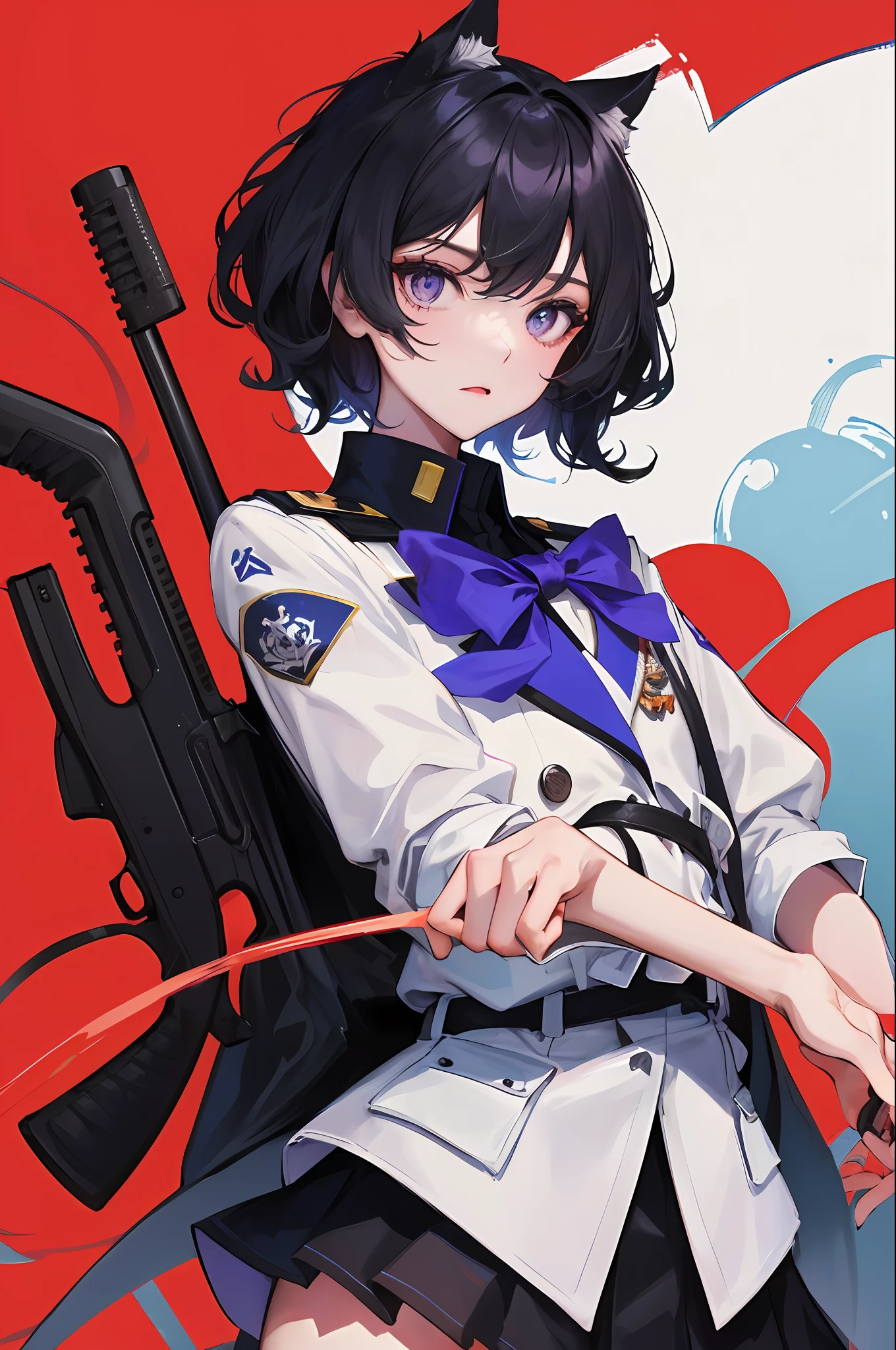 2girl simple background、And {{Master peace}}, short wavy hair, navy hair, black cat ear, Blue eyes,uniform、With a gun、discord、And {{Master peace}}, {{{maximum quality}}}, {{ultra- detailed}}, {{illustration}}, {{{a 1girl}}}, short hair,Purple eyes,Black hair,uniform、With a gun、discord、Battlefield Background、