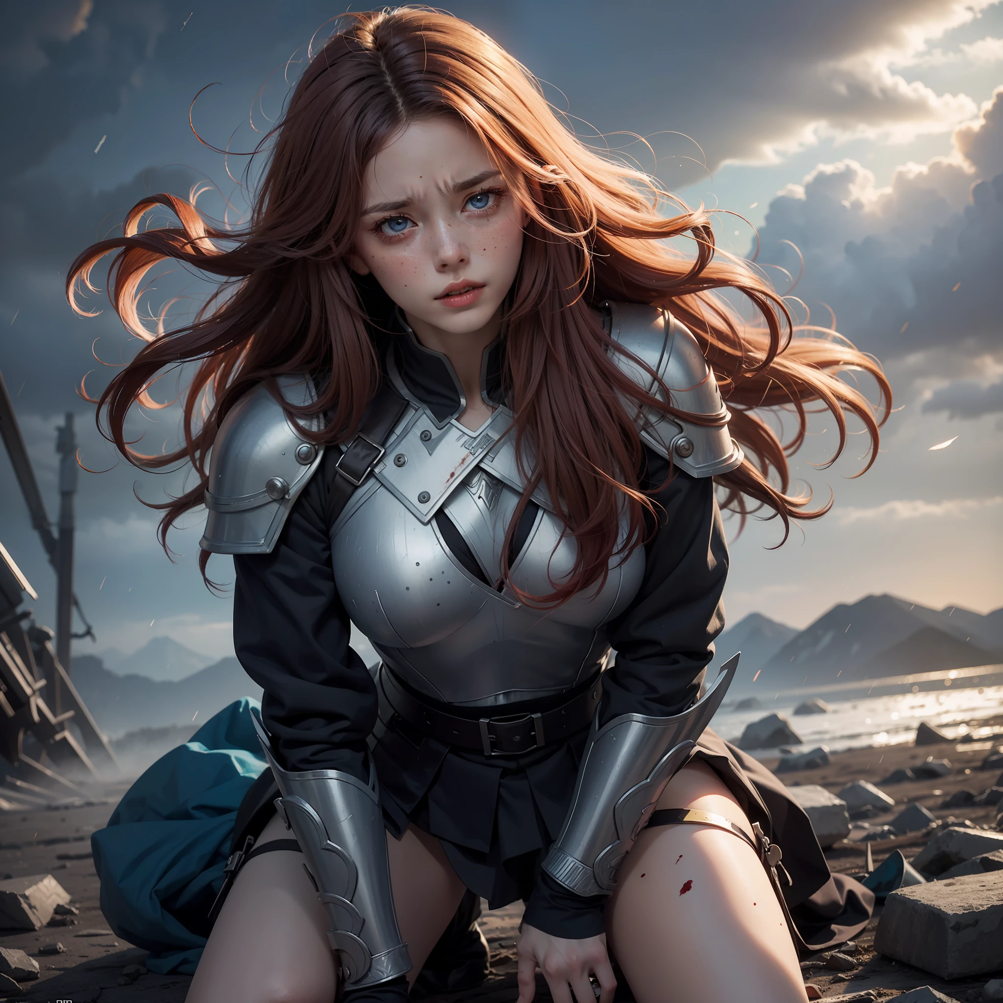 Ultra detailed, wide scene, scenery in the middle of a war between gods, a woman, light red hair, long wavy hair, messy hair, detailed eyes, darkblue eyes, clothing (Greek soldier armor), kneeling, tears of blood falling from her eyes, blood everywhere, freckles, realistic face, porcelain skin, closed mouth, flowing hair, wind, storm, expression of pain