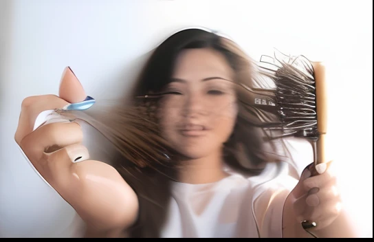 woman with long hair holding a brush and comb in her hand, queda de cabelo, sopro de cabelo, Aglomerados de cabelo, unkept hair, cabelo morreu, cabelos arrebitados, cabelo ao vento, cabelos lisos, Rigid, secos, danificados, cabelos crespos, soprando o cabelo, pincel de segurar, escova grossa, incredible detalization, cabelos permeados, vento no cabelo