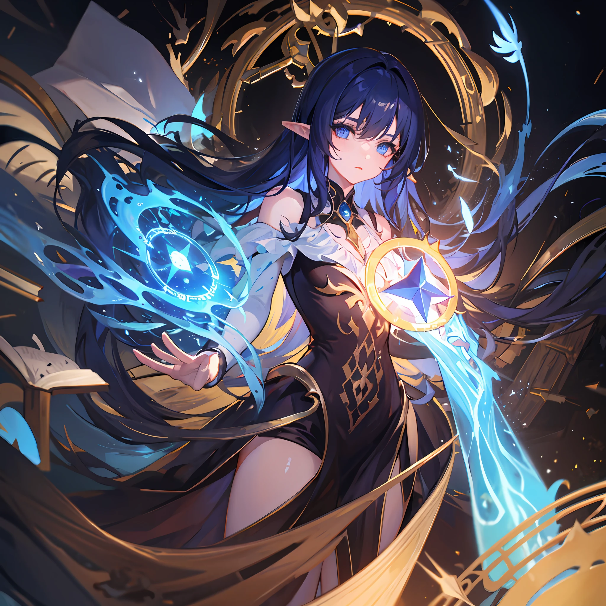 death,blood,night, dark, (Fantasy),Infinite,deep blue sky,The abyss of knowledge,knowledge,((masterpiece)), (((best quality))),((beautiful detailed eyes)),(eyelash),Monster,(1 girl),blue hair,long hair,abyss eyes,Shiny skin,oil,small breast,(bird body,feather),Wearing Rags of cloth, Tzeentch,elf,extremely detailed CG unity 8k wallpaper,masterpiece, ((ultra-detailed)), ((illustration)),colorful,wallpaper,energy,Unknown terror,arcane,Around the magic,magic surrounds,magic rod,book,pages flying all over the sky,Know it all,Predicting the Future,Know the past,Infinite wisdom,blue flame,Warlock,Magical Circle,Pentagram,incantation,mantra,Singing magic,