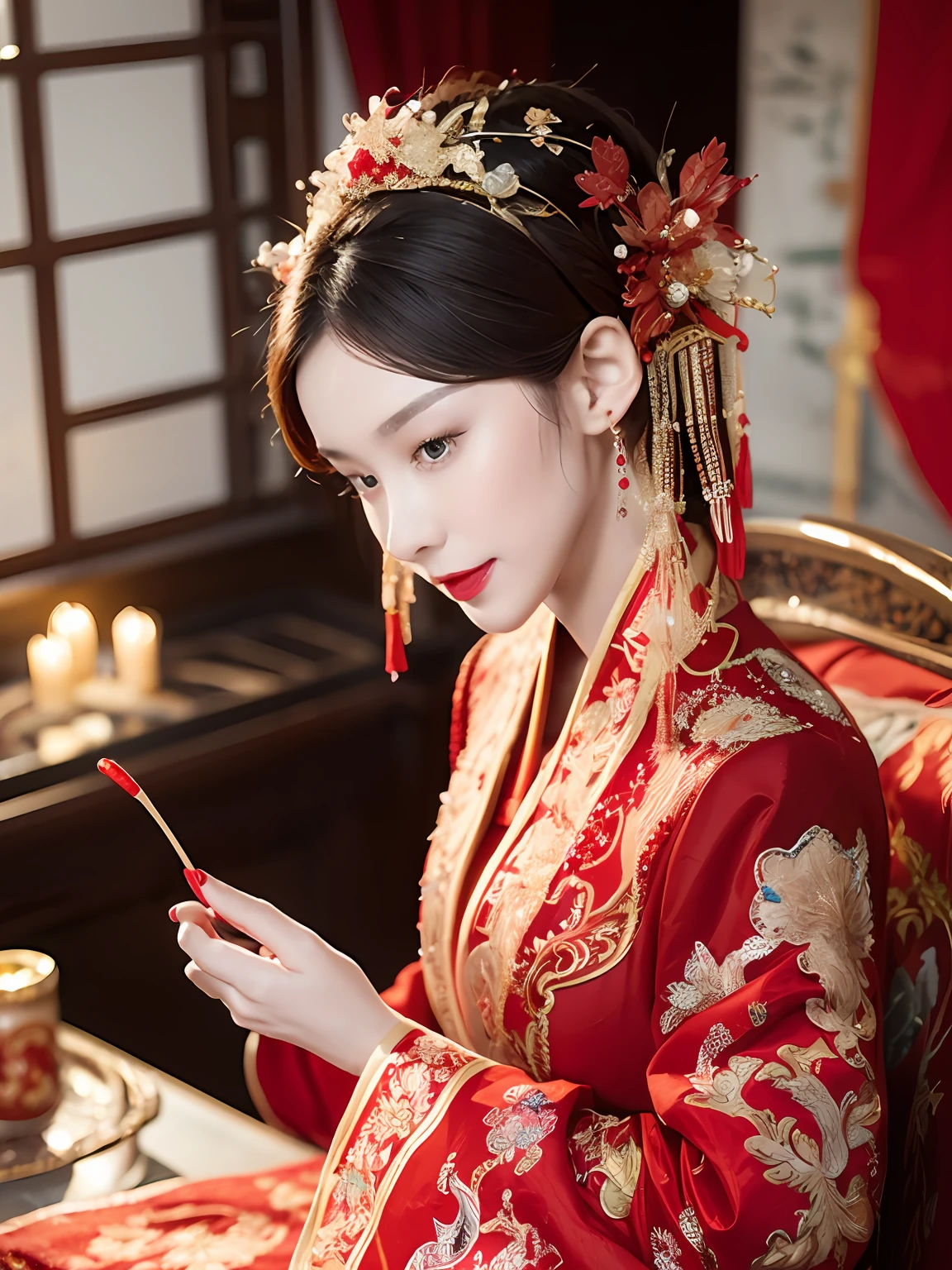 (ultra realistic 8k CG:1.2),perfect artwork,delicate pattern,intricate detail, (unparalleled masterpiece,best quality:1.2),(extremely intricate:1.2),a woman in a red and gold dress, Phoenix crown,hair stick,(sitting on red bed),Cosmetic,blush,shy,black_hair, looking down, Cosmetic,(forehead dot),(2 red candles), chinese_clothes, curtains, earrings, hair_ornament, hanfu, indoors, jewelry, red nails, long_sleeves, red dress, red lips, tassel, (Red quilt),(red palace:1.2),(ancient Chinese architecture),night