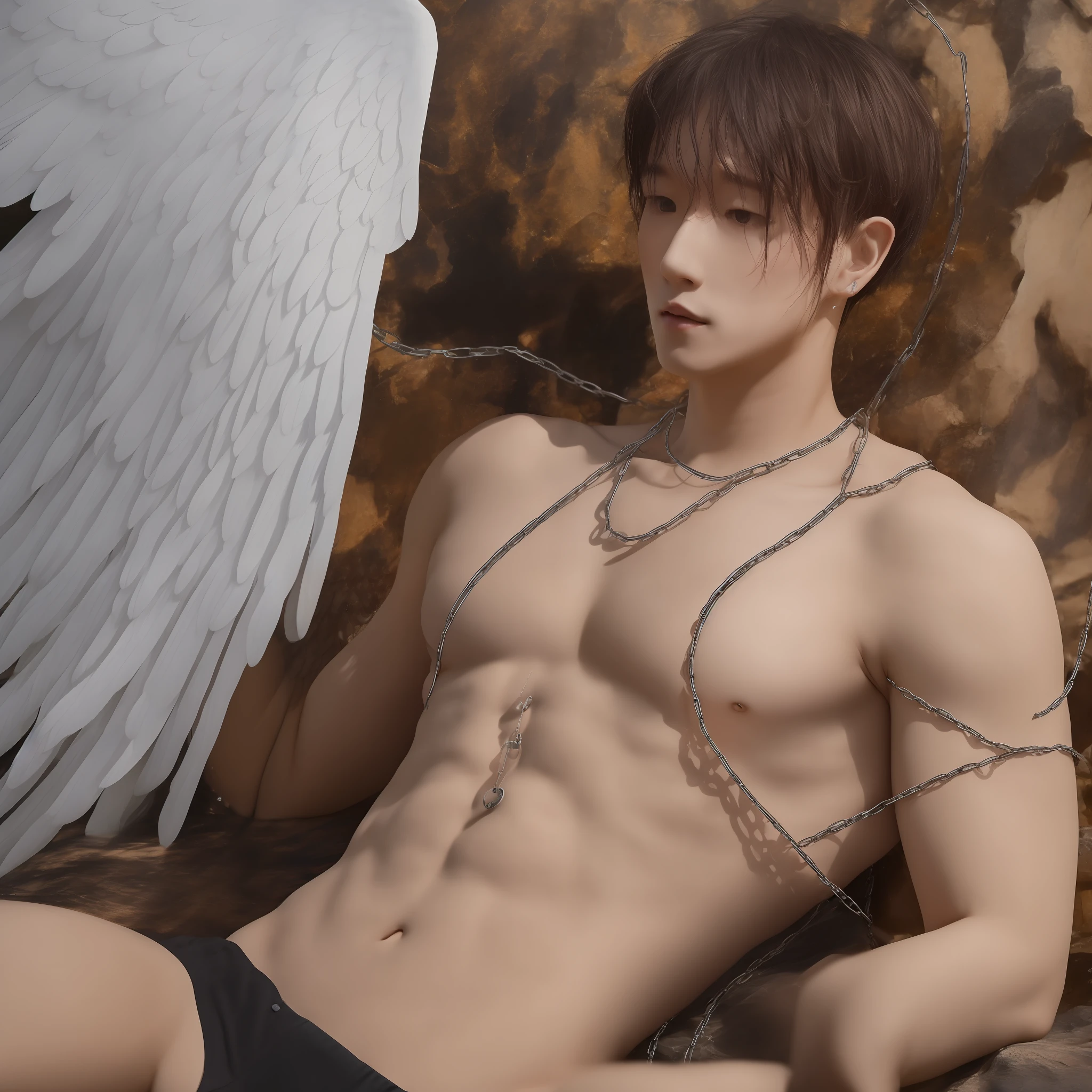 short haired guy with angel wings 6 wings 6 pack body wearing open chest shirt with chain necklace, 8K high definition sun cloud scene, Best quality, Masterpiece, Ultra high definition, ( Realism: 1.4), Original image, (Actual skin texture: 1.3), (Film grain: 1.3), (Panoramic angle )