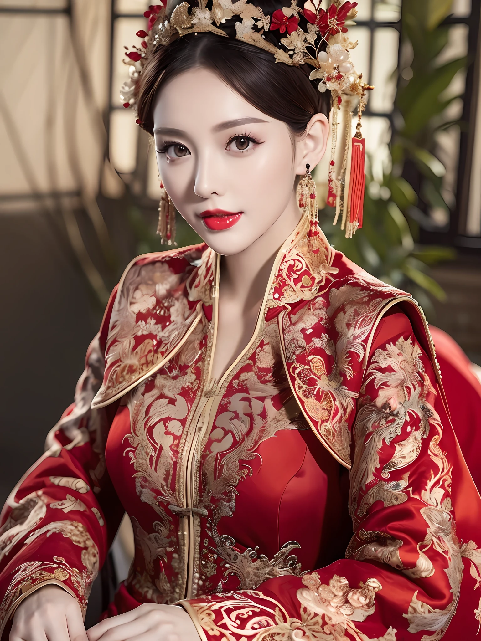 (ultra realistic 8k CG:1.2),perfect artwork,delicate pattern,intricate detail, (unparalleled masterpiece,best quality:1.2),(extremely intricate:1.2),a woman in a red and gold dress, Phoenix crown,hair stick,(sitting on red bed),Cosmetic,blush,shy,black_hair, looking down, Cosmetic,(forehead dot),(2 red candles), chinese_clothes, curtains, earrings, hair_ornament, hanfu, indoors, jewelry, red nails, long_sleeves, red dress, red lips, tassel, (Red quilt),(red palace:1.2),(ancient Chinese architecture),(red:1.8),night,seethru