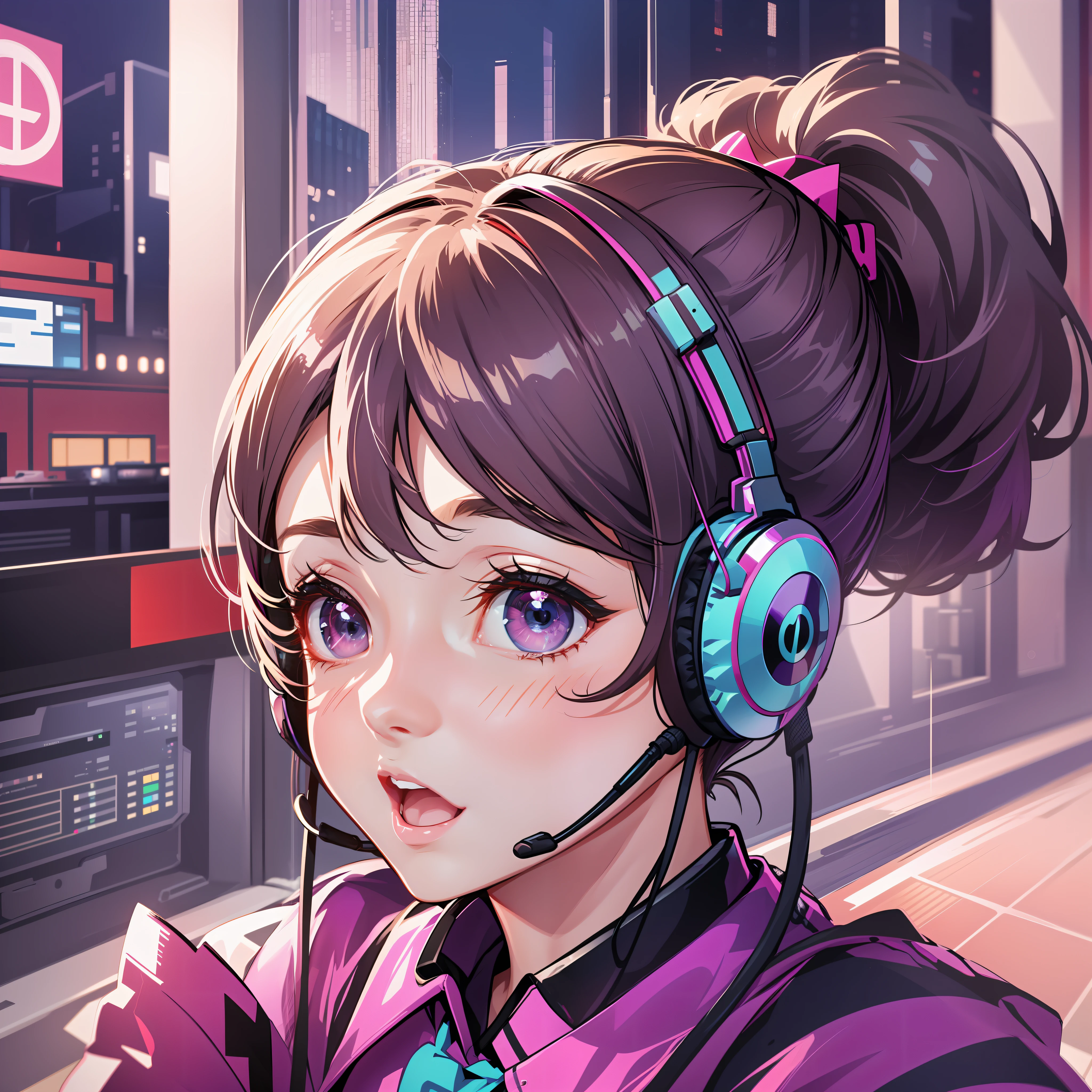 Ninja woman with peace sense headset, closed eyes, beautiful face, RGB colors, bright purple hair, anime, bright background, banner for youtube video, happy girl, clouds with RGB colors, bright RGB colors, full. --auto