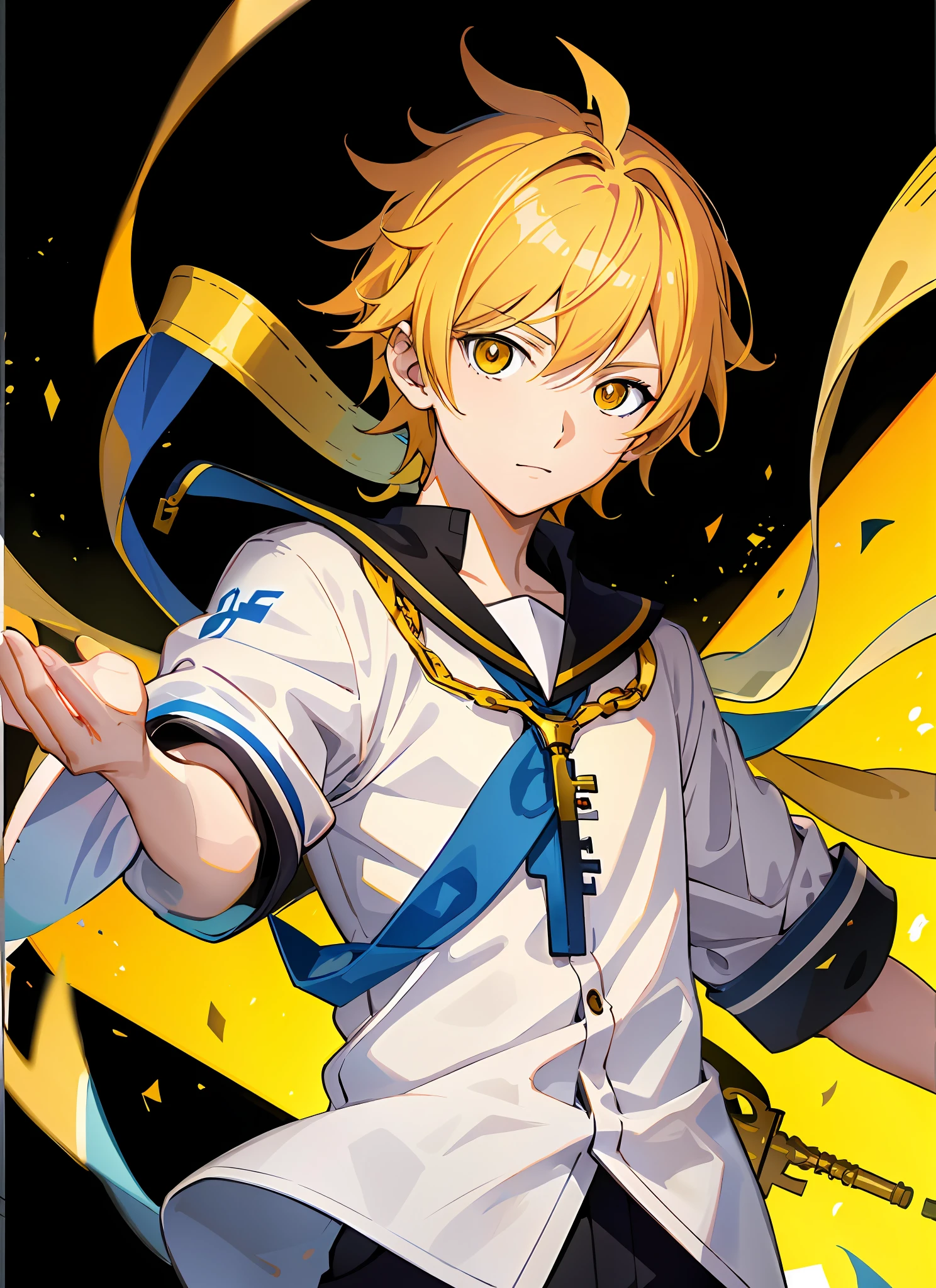 anime character with yellow eyes and a white shirt and black pants, key anime art, orange - haired anime boy, key anime visuals, offical arts, Detailed key anime art, blonde boy with yellow eyes, official anime artwork, keqing from genshin impact, portrait of magical blond prince, hq artwork, handsome guy in demon slayer art, kagamine rin