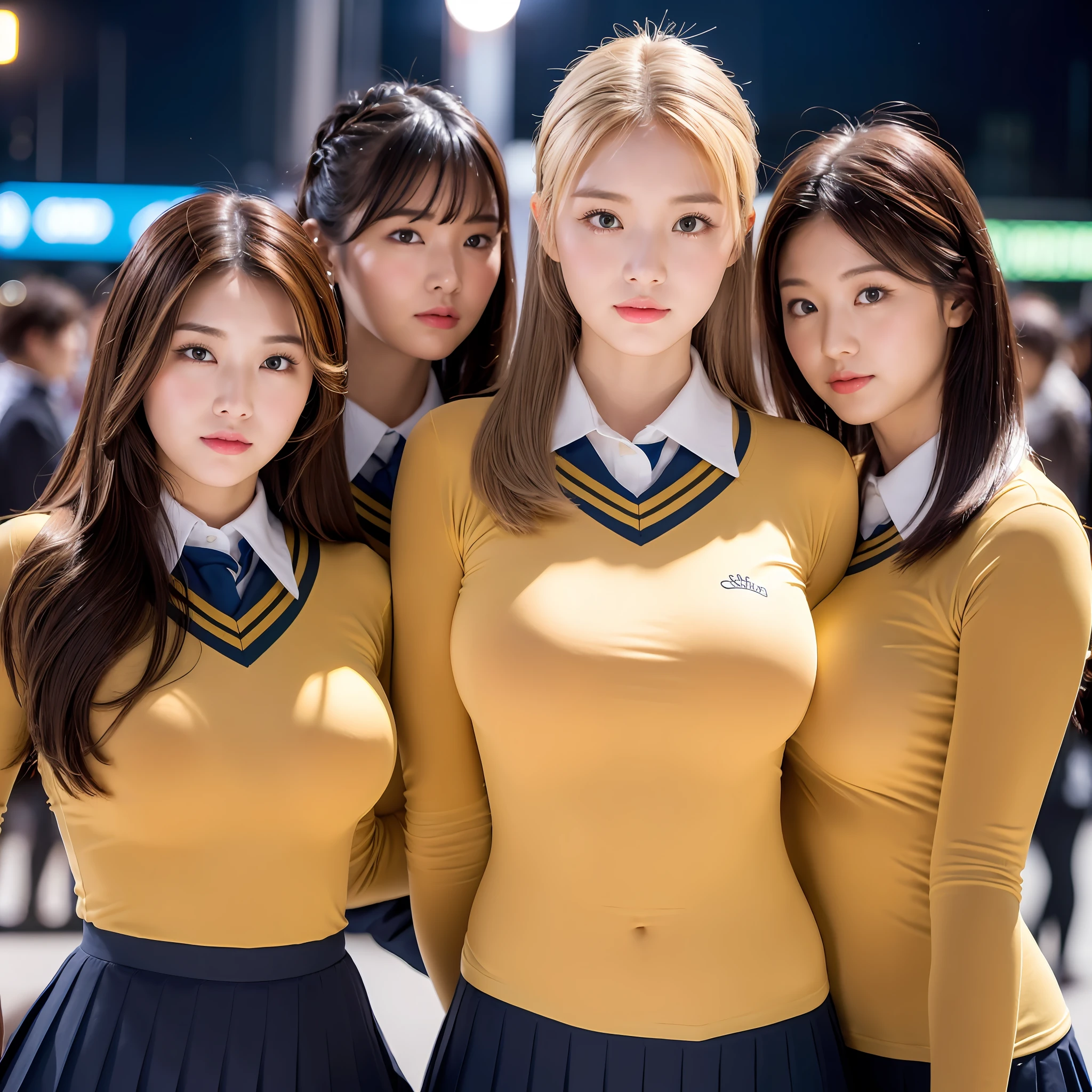 25 years old female,RAW photo, bokeh (realism: 1.4, realistic), high detail CG unified 8K wallpaper,multiple girls,(each different face, each different hairstyle, each different hair color, each different body shape:1.4),big breasts,big ass,thick thighs,(((school uniform))),(((super high waist leggings))),(((matte fabric))),((camel toe)),(HQ skin: 1.4), 8k uhd, dslr, soft light, high quality,((((whole body: 0.6)))), ((shibuya))),night,