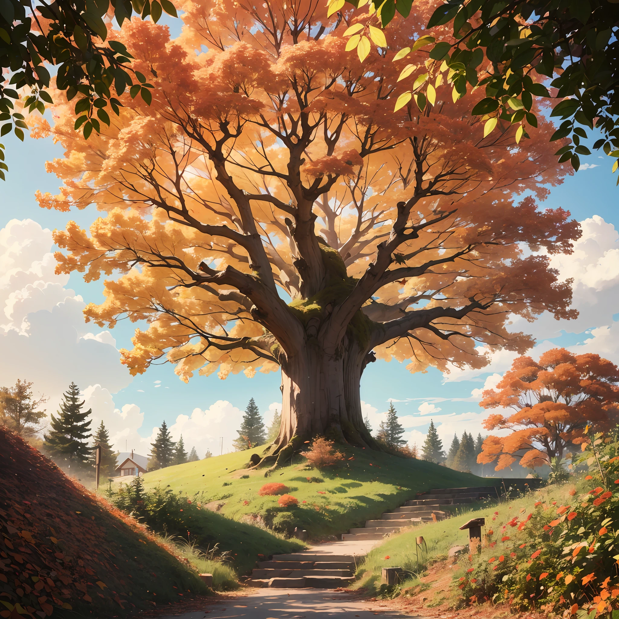 Image scene shows a huge autumn forest with a large tree in the center, from where sprout small magical leaves that float in the air. Ao fundo, It is possible to see a small wooden house, rodeada por arbustos e pequenos animais da floresta. The sky presents a mixture of warm colors and pastel tones, Creating a magical and dreamy effect.