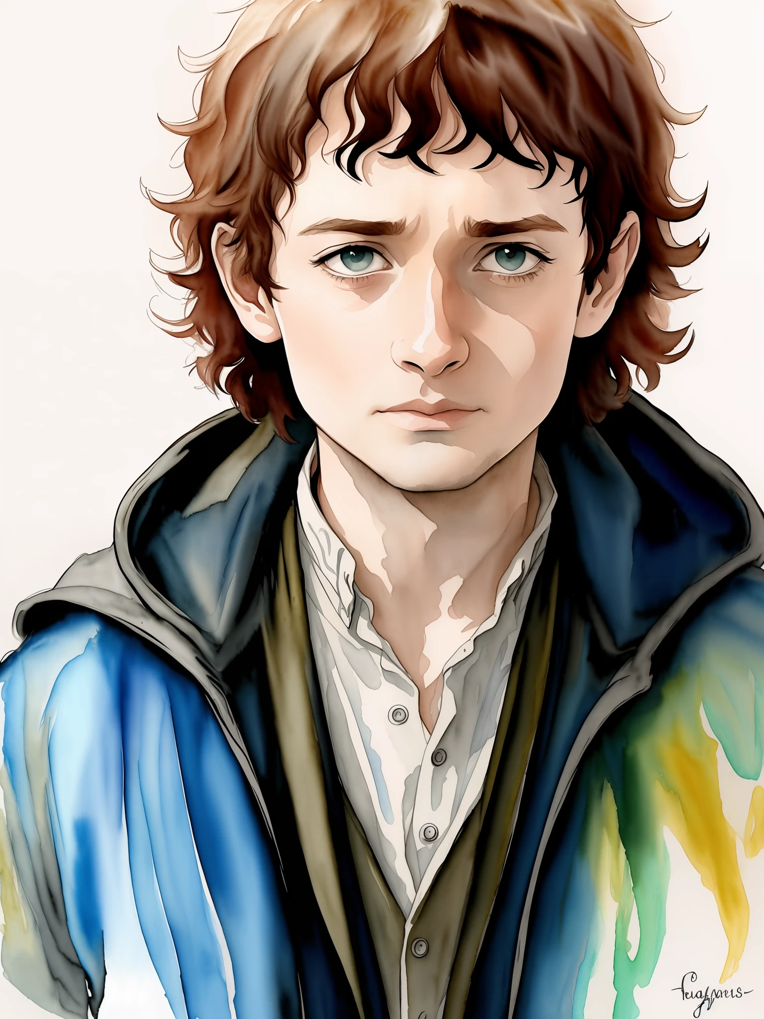 the lord of the rings, frodo baggins, Elijah Wood, cartoon, (aquarelle:1.4), hdr, detailed, soft shadows, artstation, closeup