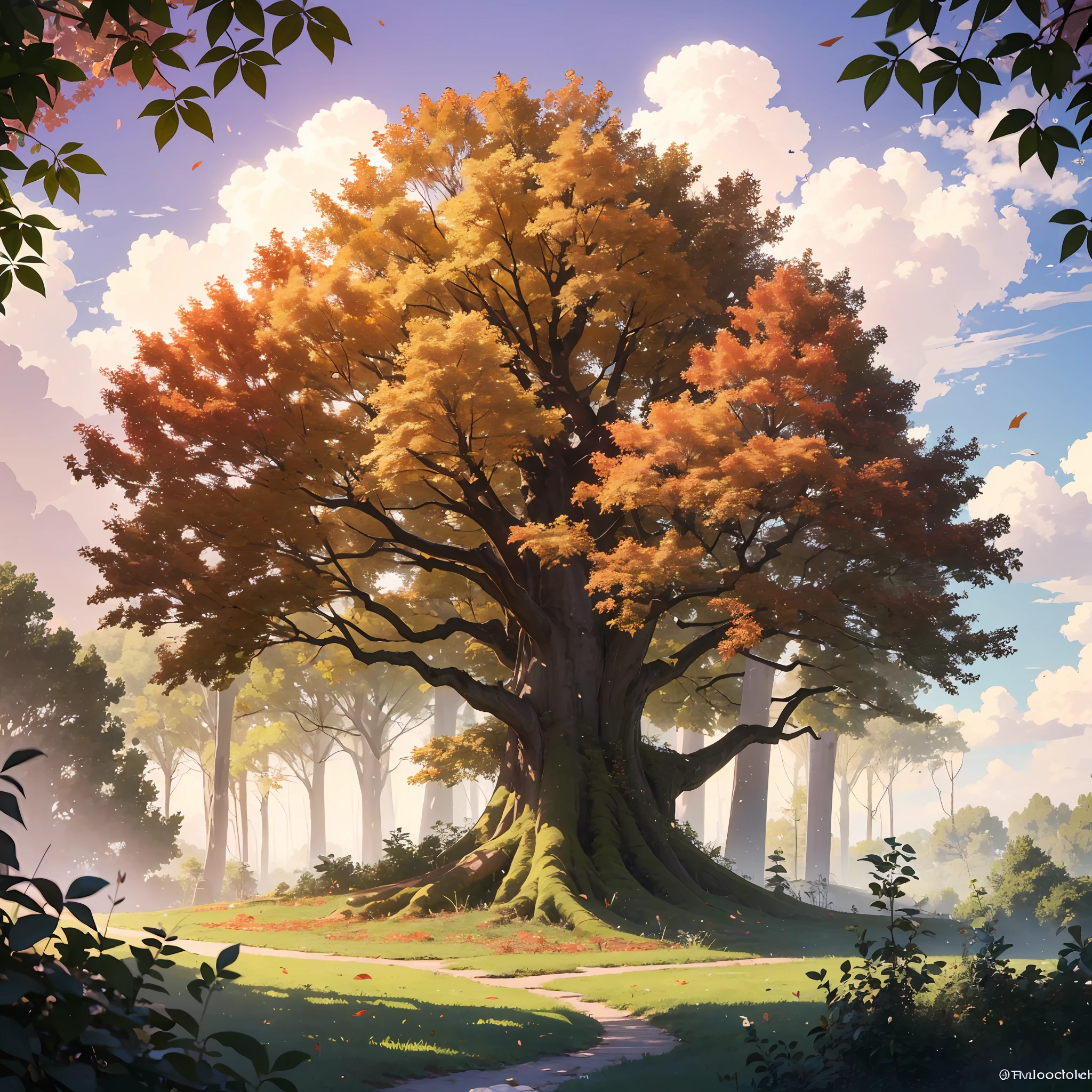 Image scene shows a huge autumn forest with a large tree in the center, from where sprout small magical leaves that float in the air. Ao fundo, It is possible to see a small wooden house, rodeada por arbustos e pequenos animais da floresta. The sky presents a mixture of warm colors and pastel tones, Creating a magical and dreamy effect.