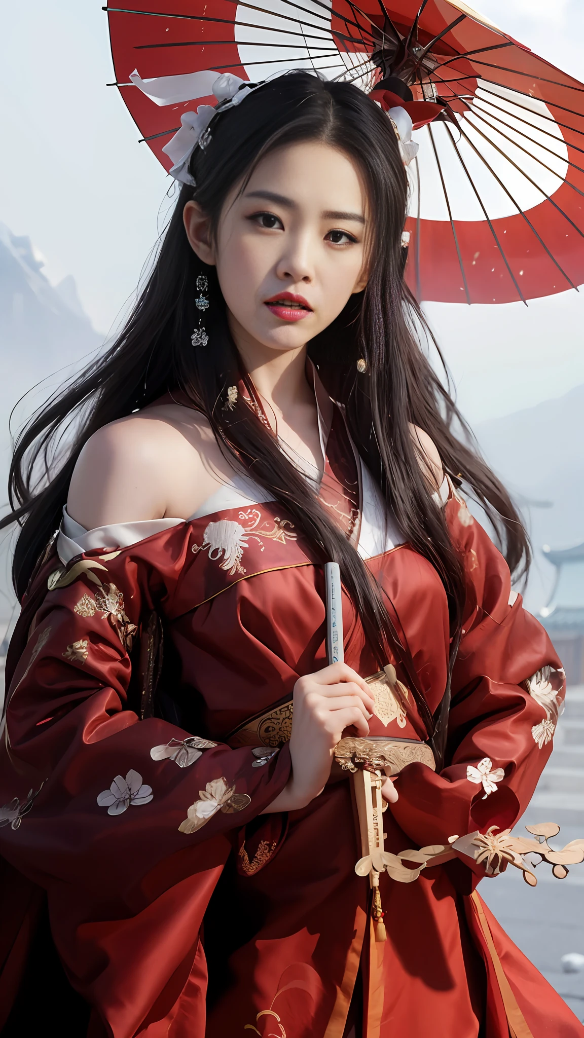 araffe asian woman in red dress holding an umbrella, royal palace ， a girl in hanfu, Hanfu, wearing ancient chinese clothes, with acient chinese clothes, traditional beauty, white hanfu, Chinese style, inspired by Huang Ji, wearing a red cheongsam, Chinese costume, Hanbok, traditional chinese, gorgeous chinese model, Traditional Chinese clothing