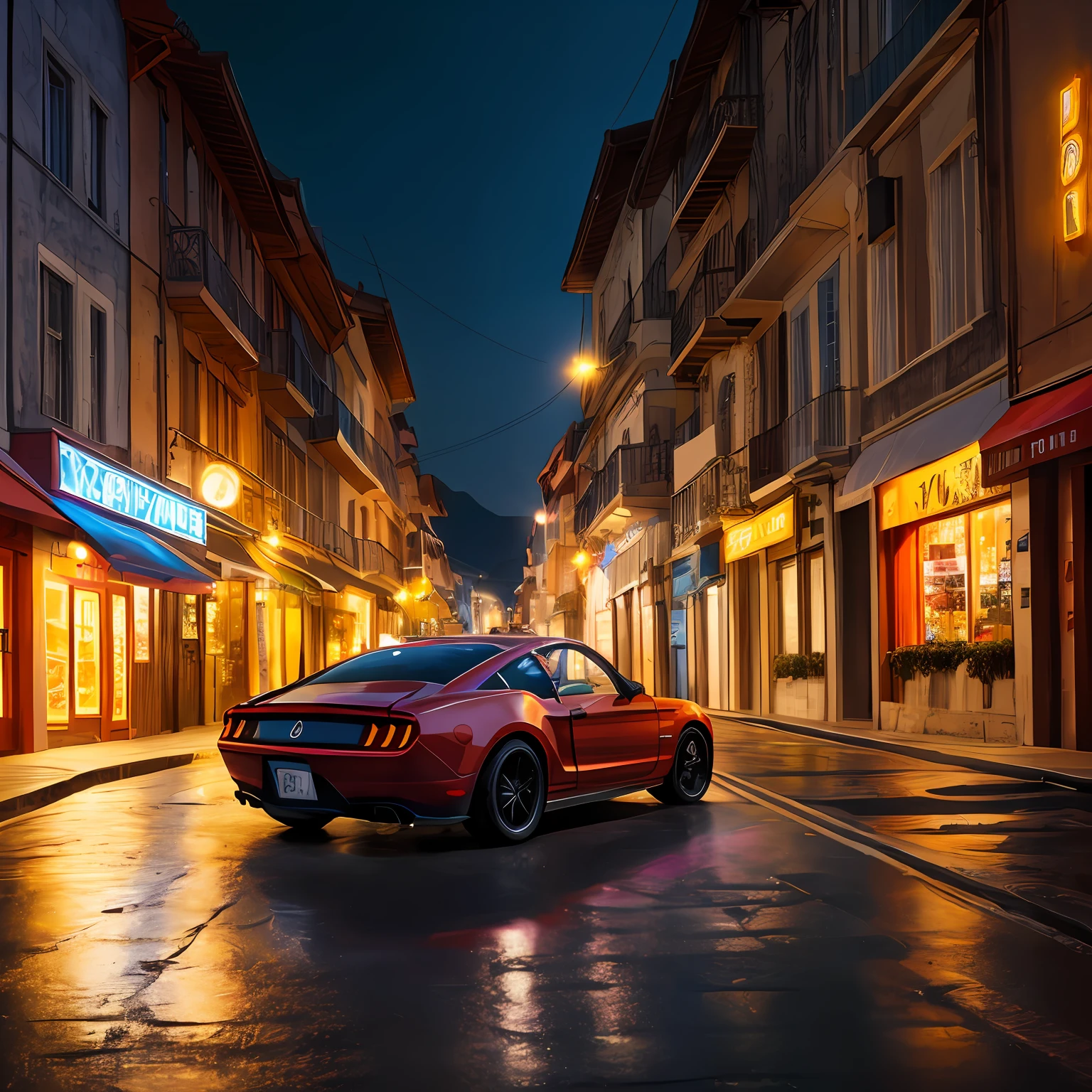 Fundo deslumbrante para fotografia de arquitetura, a street at night with old pavement on a rainy day with a square in the background, Mustang car in the center of the image with the headlights on, Destaques, Alto contraste, fotografia profissional, cinematic lighting, raios solares, nevoeiro, Ultra Detalhado, Ultra realista, esquema de cores complementar, Textura ultrarrealista, fied profundidade, Nikon Z8