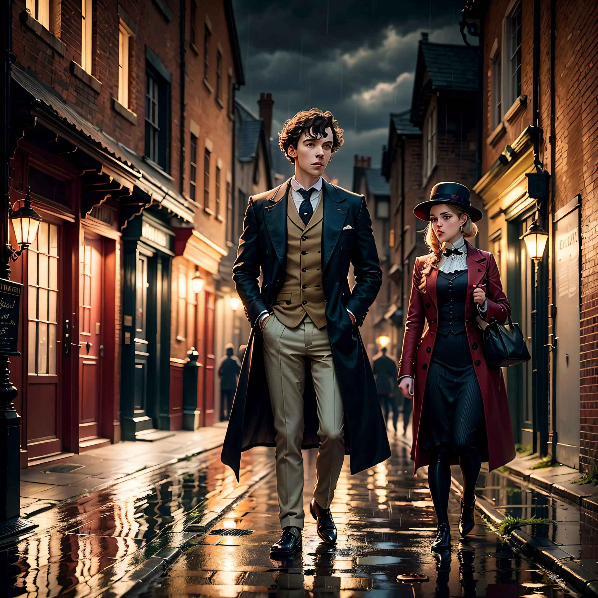 closeup, young sherlock holmes, victorian london alley, night, rain, puddles --auto