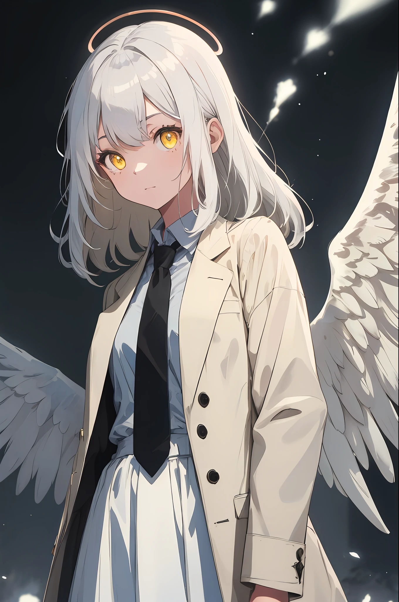 (masterpiece, best quality:1.3), (ultra-detailed:1.3), 1girl, solo, (white hair, messy hair, long hair), (angel wings, angel halo), flat chest, yellow eyes, (white shirt, black necktie, black coat, open coat), cowboy shot, cinematic lighting, (((glowing light particles))), (arms behind back), dynamic angle,