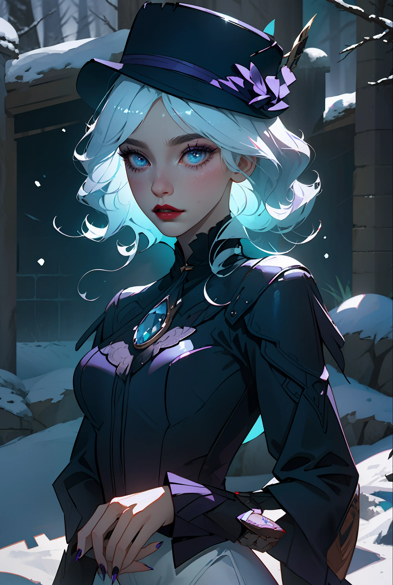 8k, 8k wallpaper, (an extremely delicate and beautiful:1.1), (beautiful detailed eyes:1.3), (best illustration:1.1), (best quality:1.3), (best shadow:1.1), (cinematic lighting:1.2), detailed eyes, (detailed_light:1.1), (dreamy:1.1), (extremely detailed CG unity 8k wallpaper:1.1), highres, (masterpiece:1.3), official_art, ray tracing, (stylized:1.3), trending on artstation, (ultra_detailed:1.2)
//STYLE
crystal, crystal_hair, sparkle
//POSE & COMPOSITION
1girl, biting_lip, hand_to_own_face, lips, looking_at_viewer, parted_lips, portrait, solo
//CHARACTER
Purple_nails, bangs, black_hat, aqua_nails, breasts_apart, blue_eyes, eyelashes, eyeliner, feather_boa, flowing_hair, fur_trim, lace, lace_brim, lonely, long_fingernails, long_hair, makeup, medium_breasts, nail_polish, purple_lips, red_lipstick, shiny_hair, silver_hair, top_hat, very_long_hair, white_corset, white_hair, winter_clothes
//BACKGROUND
forest, snow, snowing, tree, magic particles, window, winter, wooden_wall
//TI, HYPERNETWORK, LORA