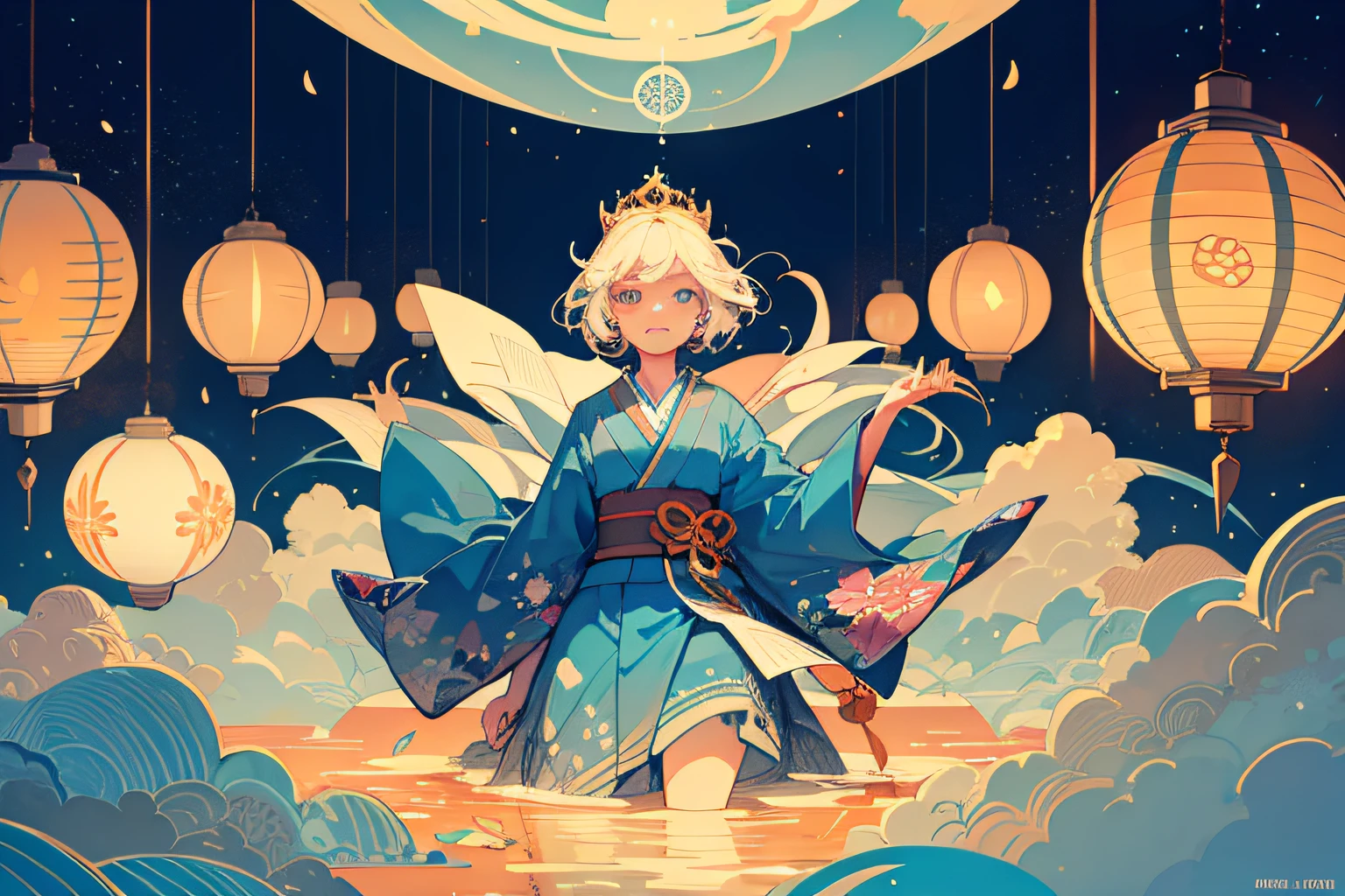 ((A Masterpiece)), ((ultra- detailed)), ((bestbestquality)), Beautiful Finely Detailed Eyes, Detailed face, The best lighting, The best shades, princess, solo, ((Classic Disney style, edgelighting, Flat 2D style, Disney 2D)), ((The main colors are orange and blue)), Huge lanterns, (Girl inside flowers:1.5),Floral Paradise,Orange lanterns ,A world made of petals,Traditional ancient buildings, freckles, Cold nose, (((Bubbles))), Paper fan,illustration,Japanese inspiration, (highly detailled), Whirlpool effect,