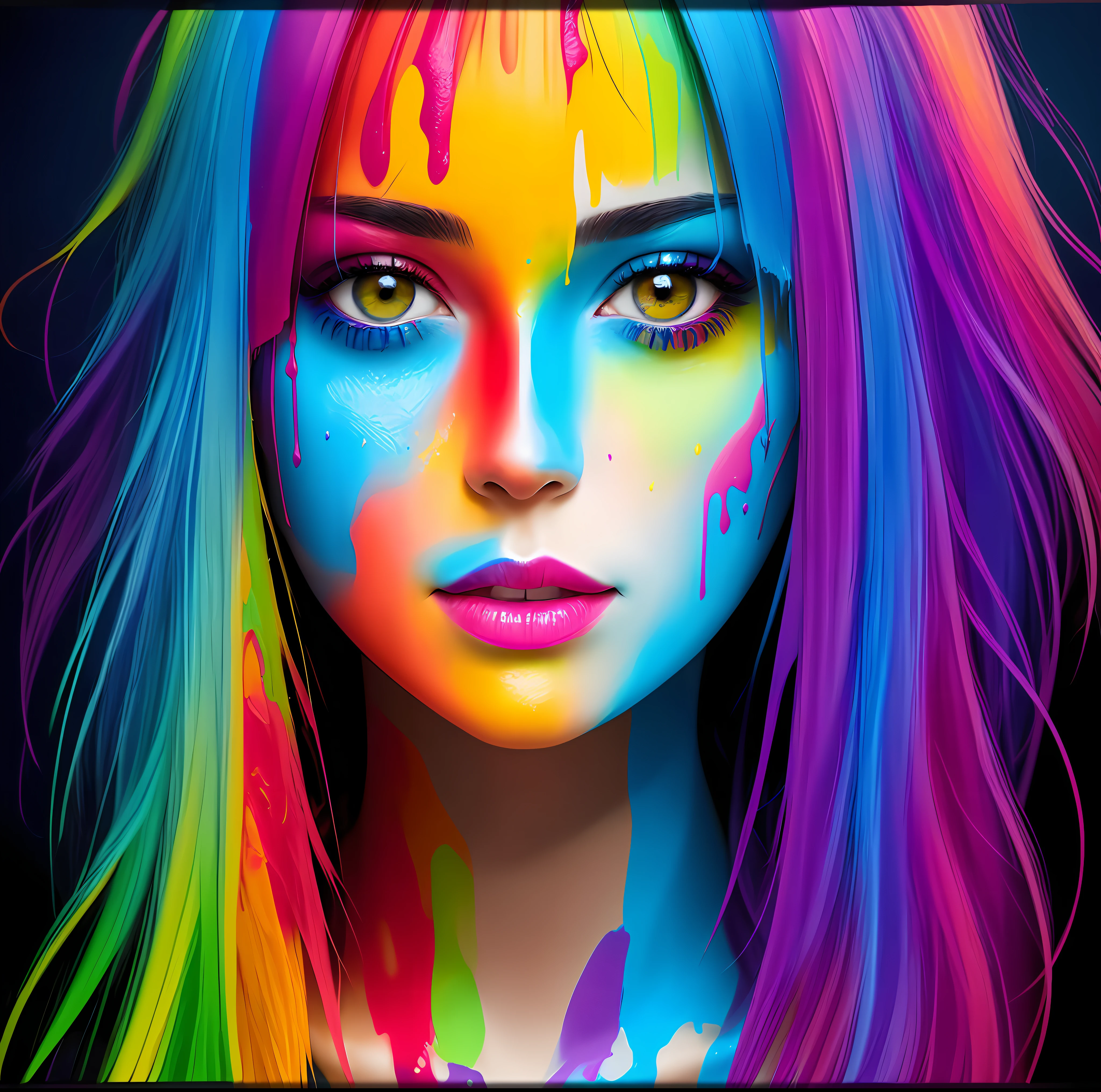 painting of a woman with colorful makeup and hair, colorful digital painting, vibrant digital painting, colorful photo, colorful picture, colorful art, colorful digital art, colorful image, dripping with color, colorful, vibrant realistic colors, colourful digital art, airbrush digital art, colorful illustration, painted in bright water colors, full color digital art, fully covered in colorful paint, colorful colors