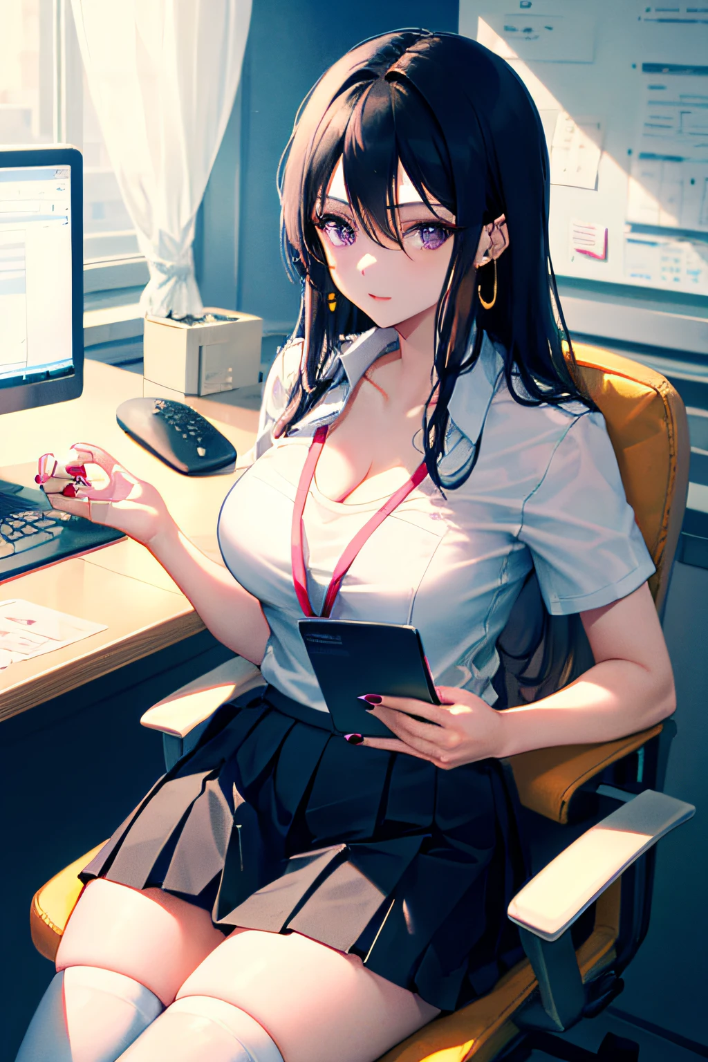 Boa hancock, 1girl, solo, ((white shirt)), black thighhighs, breasts, cleavage, uniform, office background, black skirt, pleated skirt, office, hair between eyes, large breasts, long hair, looking at viewer, black hair, red short nails, purple eyes, solo, thighhighs, thighs, very long hair, ((masterpiece)), sitting, chair, desk, computer on desk, name tag, id tag, indoor, golden earing, short sleeve, office shirt top,