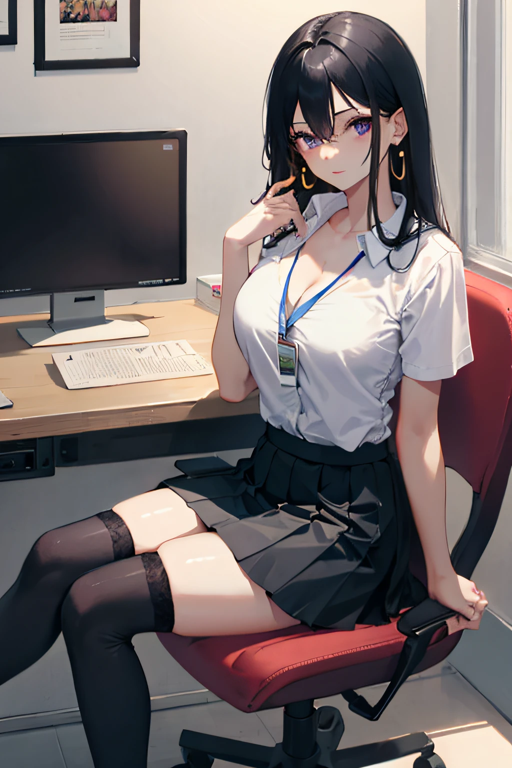 Boa hancock, 1girl, solo, ((white shirt)), black thighhighs, breasts, cleavage, uniform, office background, black skirt, pleated skirt, office, hair between eyes, large breasts, long hair, looking at viewer, black hair, red short nails, purple eyes, solo, thighhighs, thighs, very long hair, ((masterpiece)), sitting, chair, desk, computer on desk, name tag, id tag, indoor, golden earing, short sleeve, office shirt top,