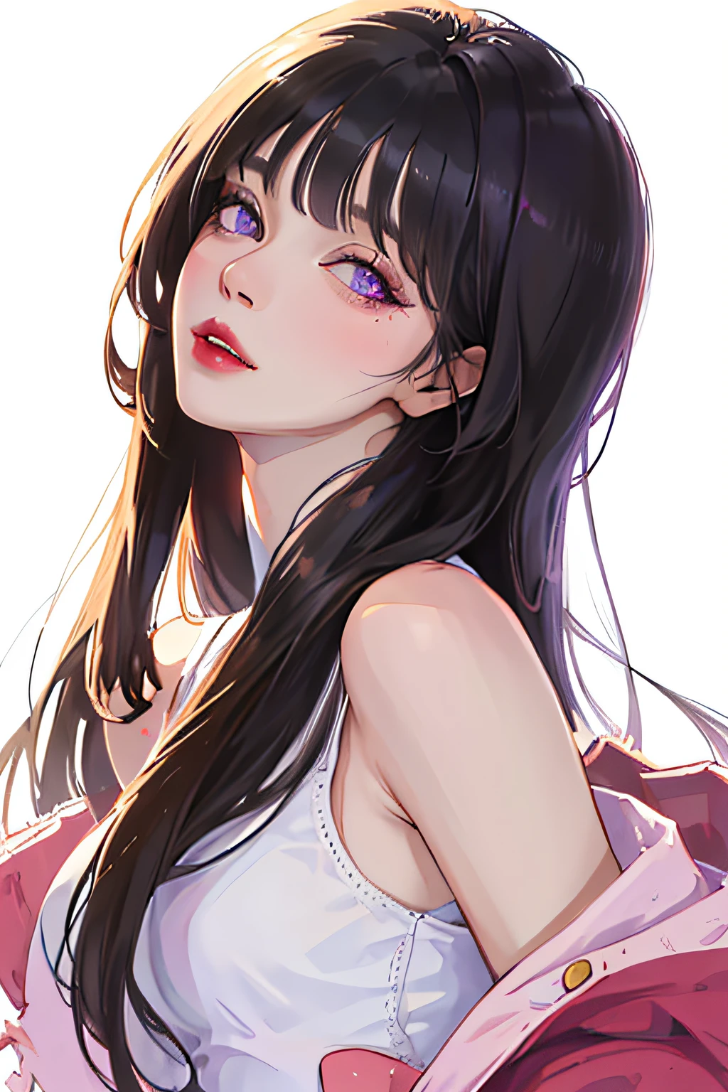 (highest resolution, distinct_image) The best quality, a woman, masterpiece, highly detailed, (semi-realistic), long black hair, long straight hair, black hair bangs, purple eyes, mature, cherry glossy lips, white background, close-up portrait, solid circle eyes, minimalistic