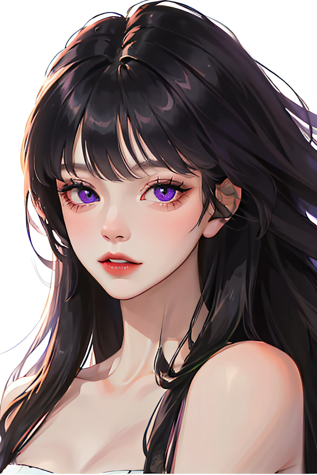 (highest resolution, distinct_image) The best quality, a woman, masterpiece, highly detailed, (semi-realistic), long black hair, long straight hair, black hair bangs, purple eyes, mature, cherry glossy lips, white background, close-up portrait, solid circle eyes, minimalistic