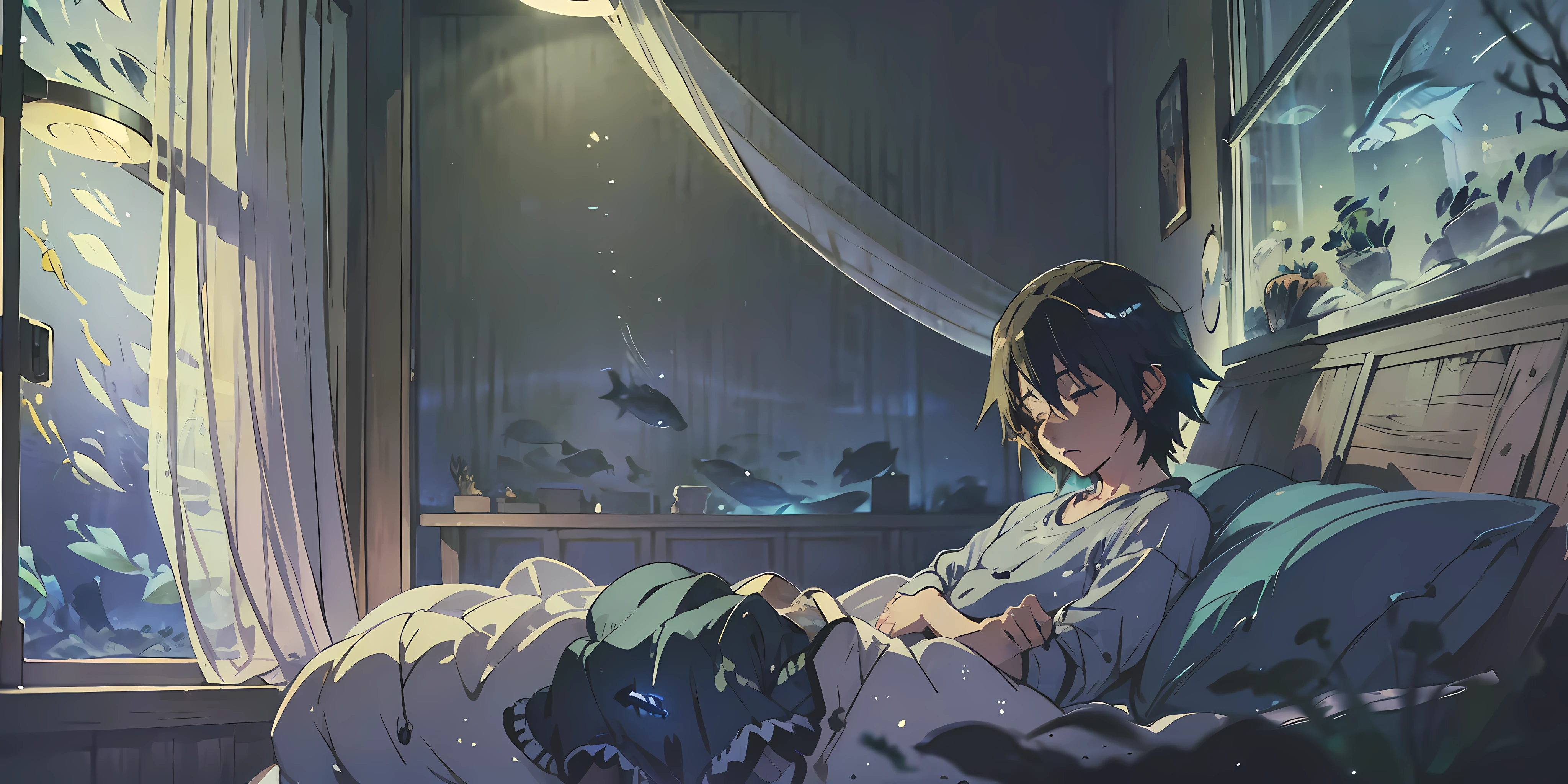 A tired boy peacefully asleep in his cozy bed, (with a soothing aquarium nearby:1.4), illuminated by a gentle nightlight. The room exudes a modern and tranquil ambiance, perfectly suited for a restful night's sleep, (nightlight:1.2), (night time:1.3), (modern bed room:1.4), (by makoto shinkai:1.4) beautiful modern ultra detailed anime.