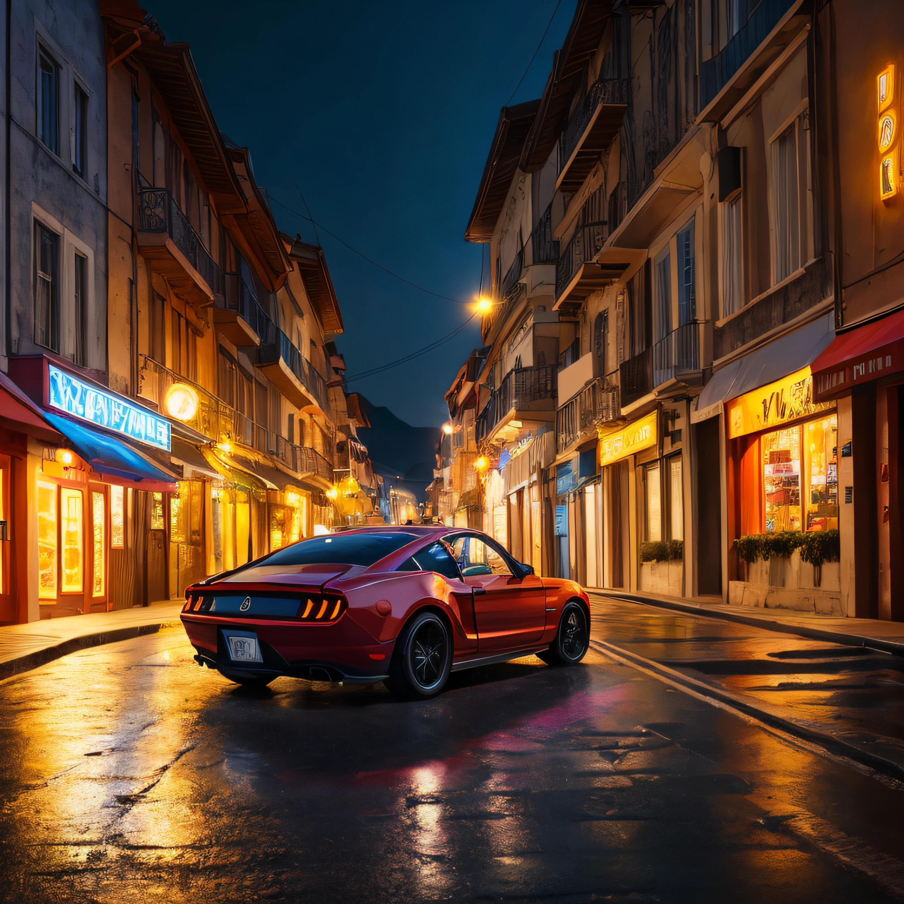 Fundo deslumbrante para fotografia de arquitetura, a street at night with old pavement on a rainy day with a square in the background, Mustang car in the center of the image with the headlights on, Destaques, Alto contraste, fotografia profissional, cinematic lighting, raios solares, nevoeiro, Ultra Detalhado, Ultra realista, esquema de cores complementar, Textura ultrarrealista, fied profundidade, Nikon Z8